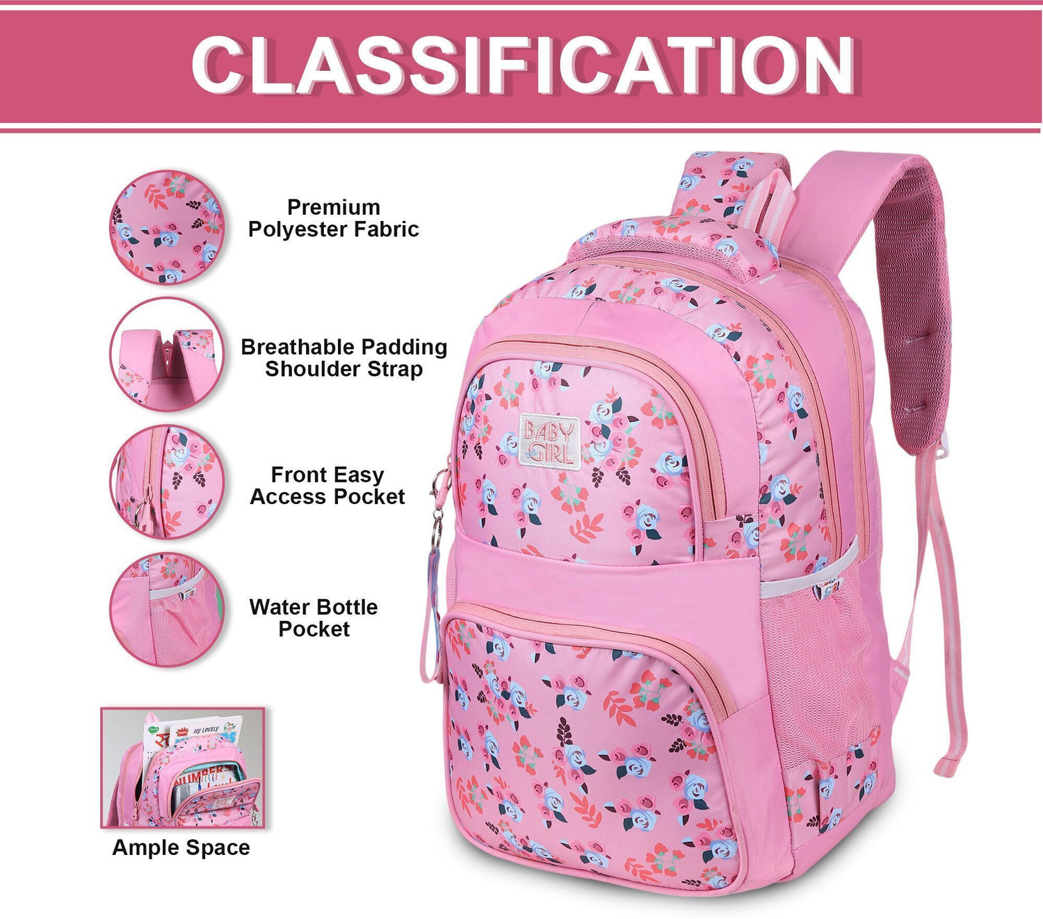 Image of Baby Girl korean style school bag for girls |school bag for girls class 9| Pink Color Bag Waterproof School Bag