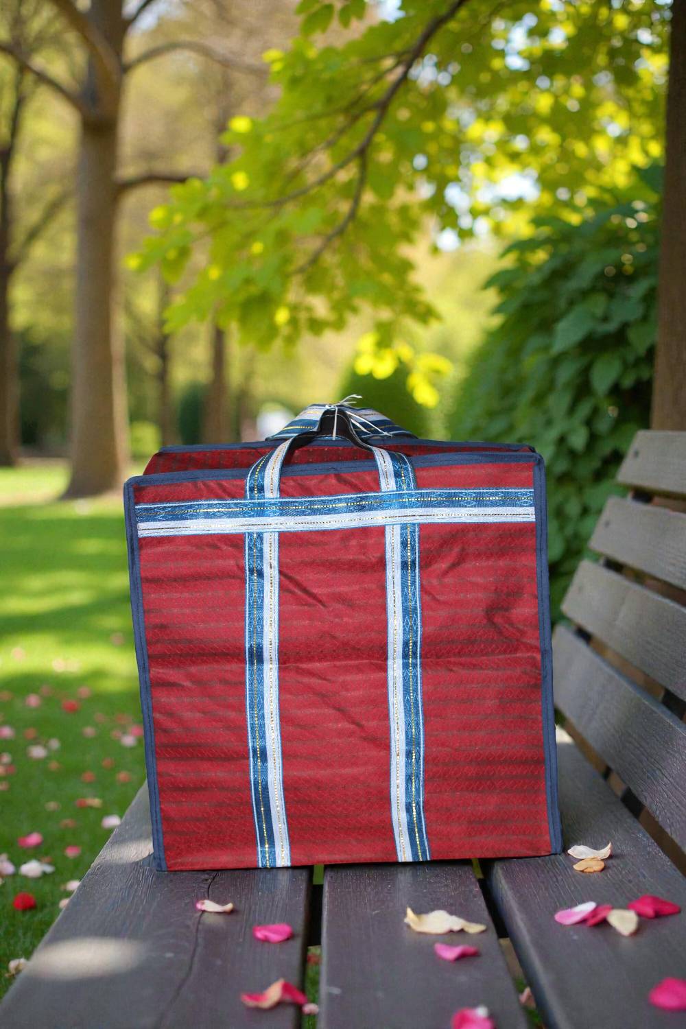 asianbagsindustry Eco-Friendly Red Reusable Shopping Bag with Striped Handles Waterproof Multipurpose Bag
