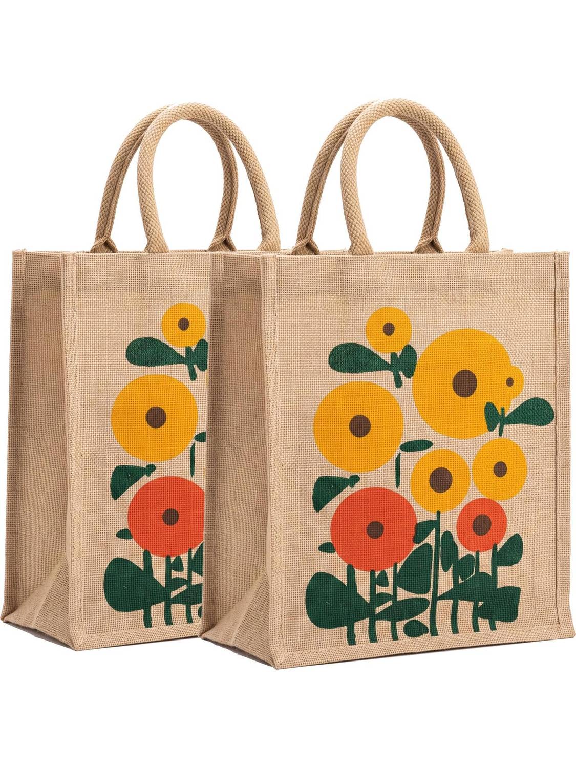 AVLUZ Natural Sun Flower Printed Jute Bag Pack of 2 | 15-inch (2 Units) Multipurpose Bag