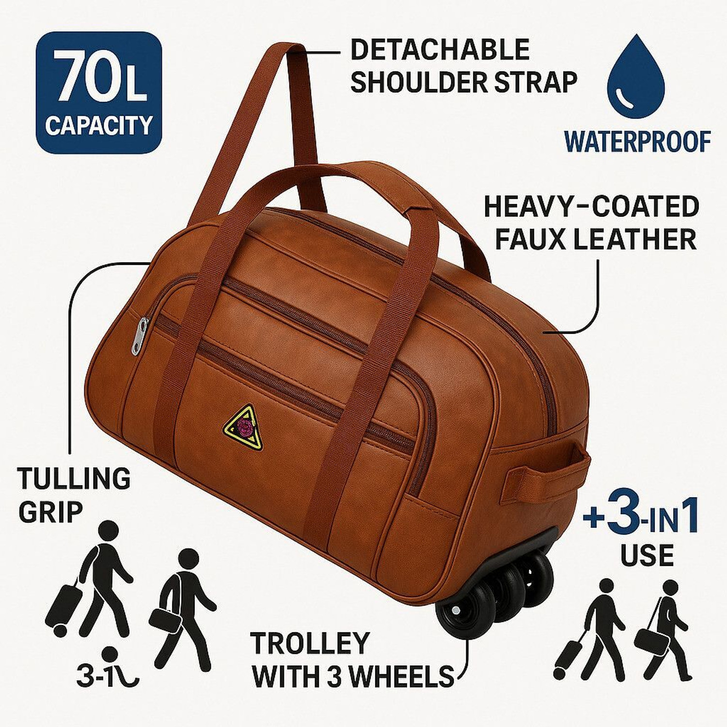 Image of MayFay Waterproof 3-in-1 Travel Bag with Trolley Wheels | Heavy Faux Leather Small Travel Bag - Big