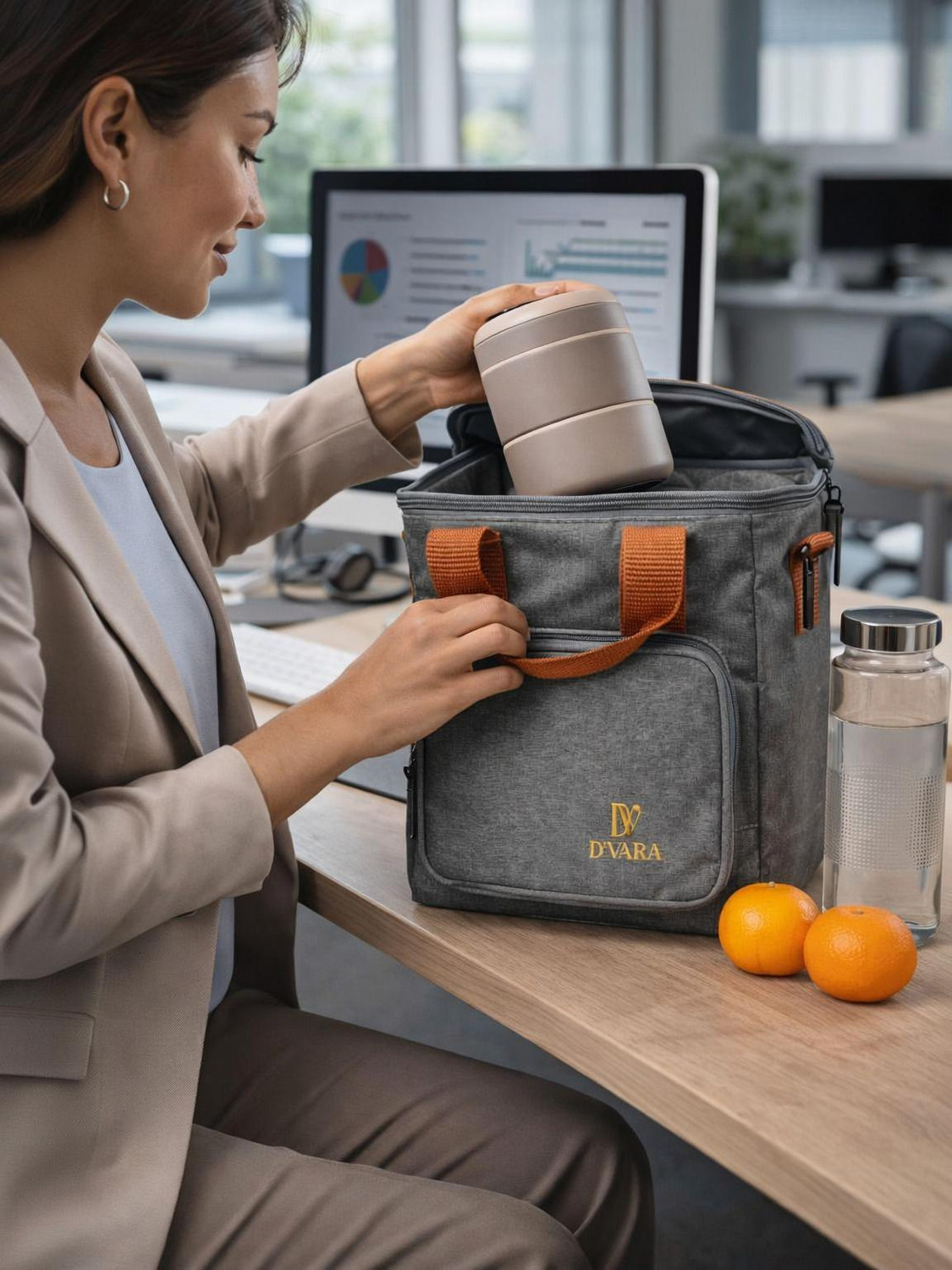 Image of D'Vara Office Insulated lunch bag for Men & Women (9.2L) Grey Waterproof Lunch Bag