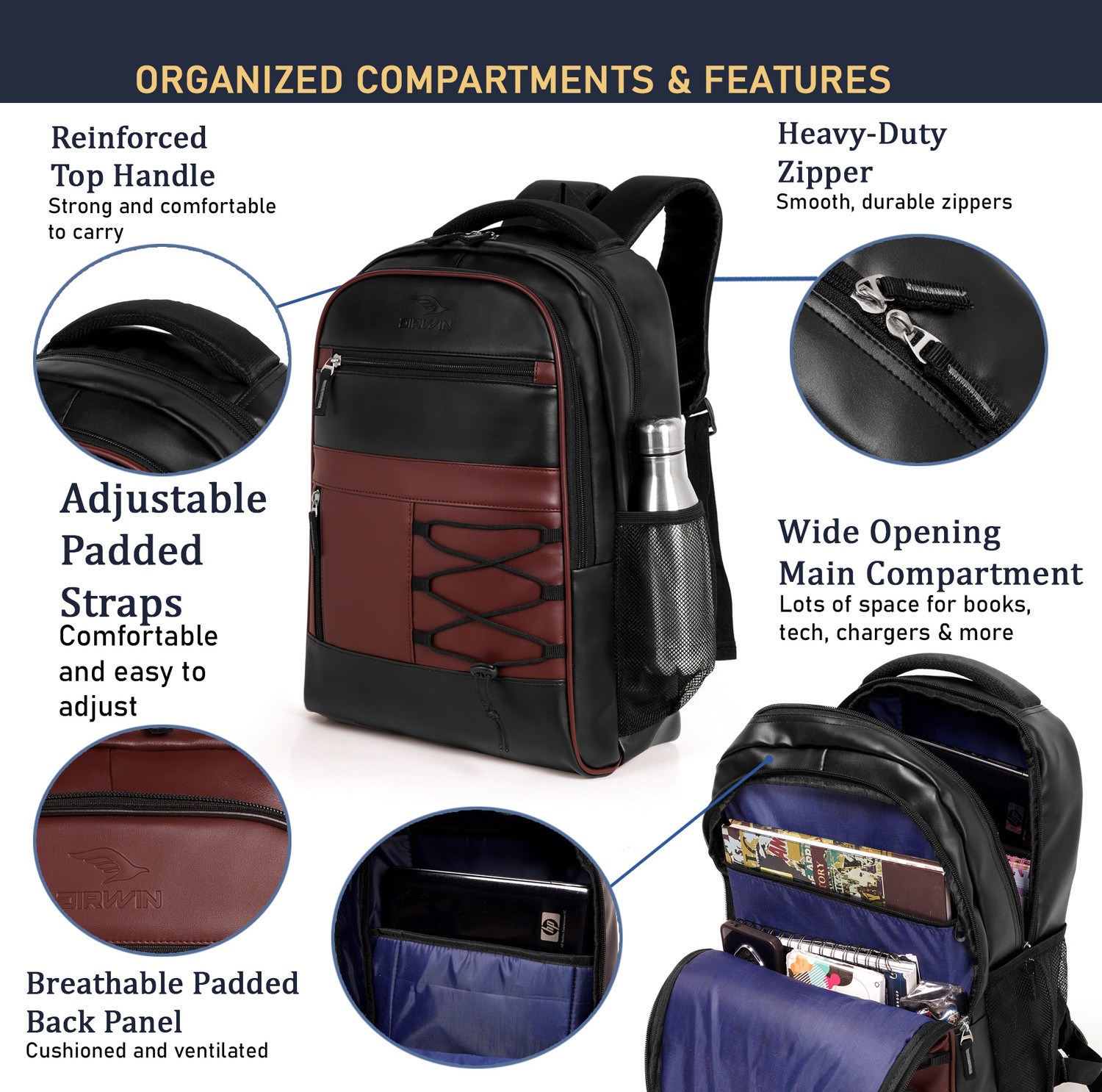 Image of Airwin 30L Leather Office Bag Laptop Bag Men Women Multi Pocket Durable Bags Waterproof School Bag