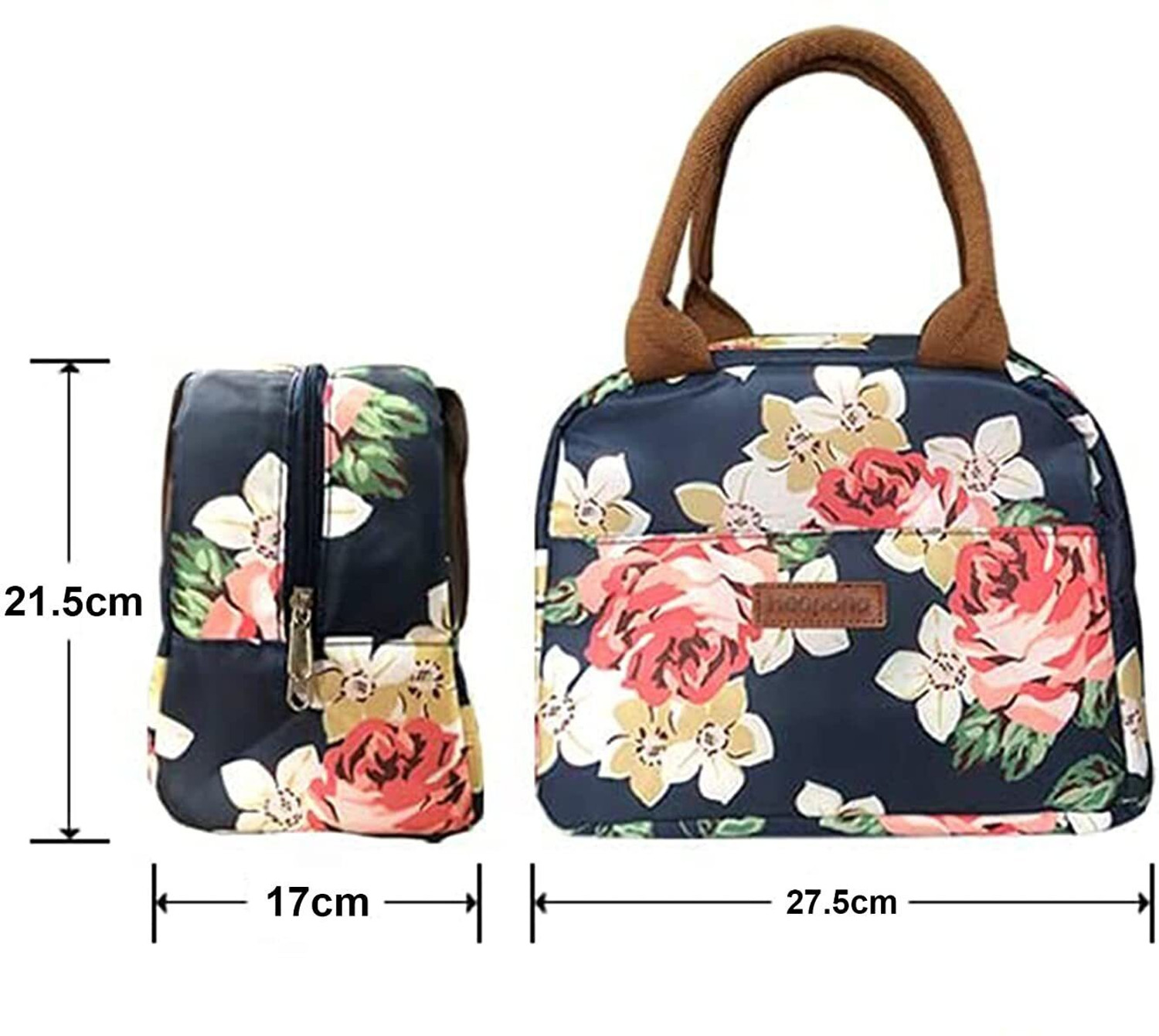Image of HOUSE OF QUIRK Lunch Bag Tote Bag for Women Printed (Navy Rose Flower)-27.5x21.5x17CM Waterproof Lunch Bag (Blue, 5 L)