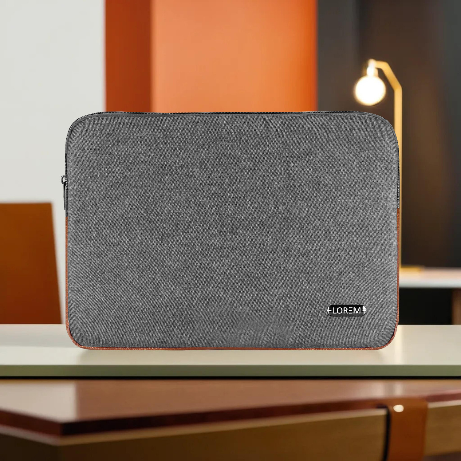 Image of LOREM 15.6 inch Grey & Tan Office Laptop Sleeve / Slip / Cover / Case with Zipper Closure Laptop Sleeve /Cover
