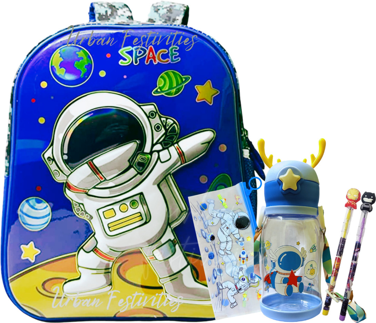 Image of Urban Festivities Space Stationery Bag for Nursery /LKG /UKG Prep with Bottle Pencil Box Pencil Set Waterproof School Bag