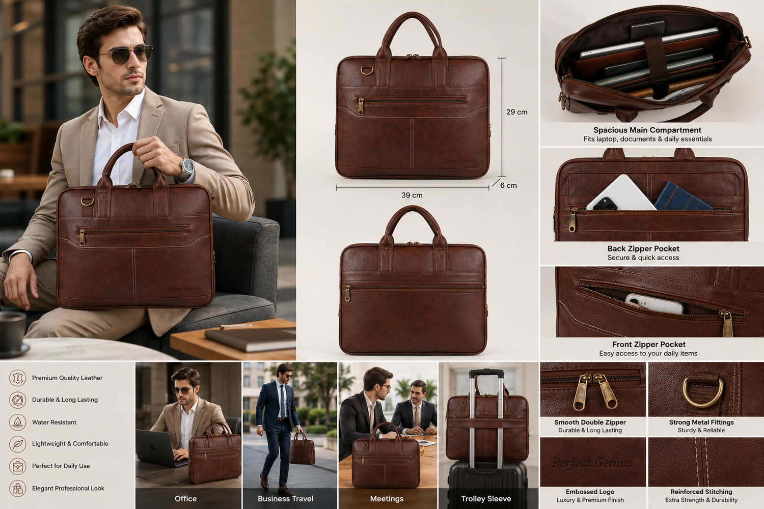 Image of PERFECT GENIUS Office Briefcase Bag with Shoulder Strap Water Resistant Business Laptop Bag Waterproof Messenger Bag