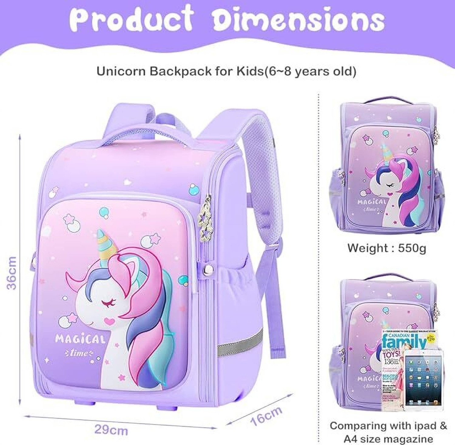 Image of Luranol Unicorn Backpack for Kids Stylish Durable Water-Resistant Shoulder School Bags Waterproof Backpack