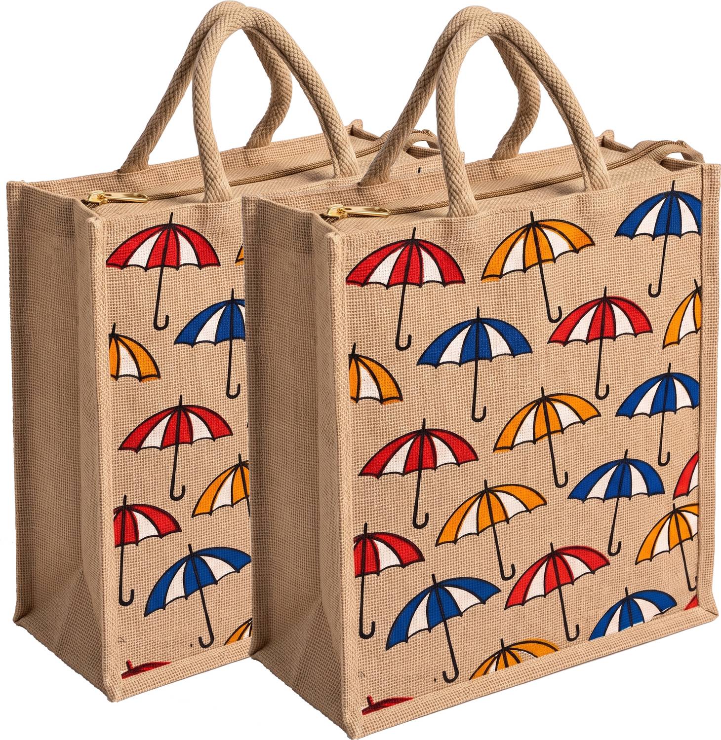 AVLUZ Natural Umbrella Printed Jute Bag Pack of 2 | 15-inch (2 Units) Multipurpose Bag