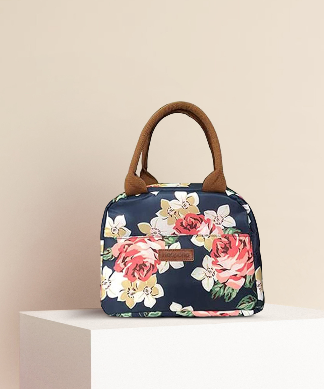 Image of HOUSE OF QUIRK Lunch Bag Tote Bag for Women Printed (Navy Rose Flower)-27.5x21.5x17CM Waterproof Lunch Bag (Blue, 5 L)