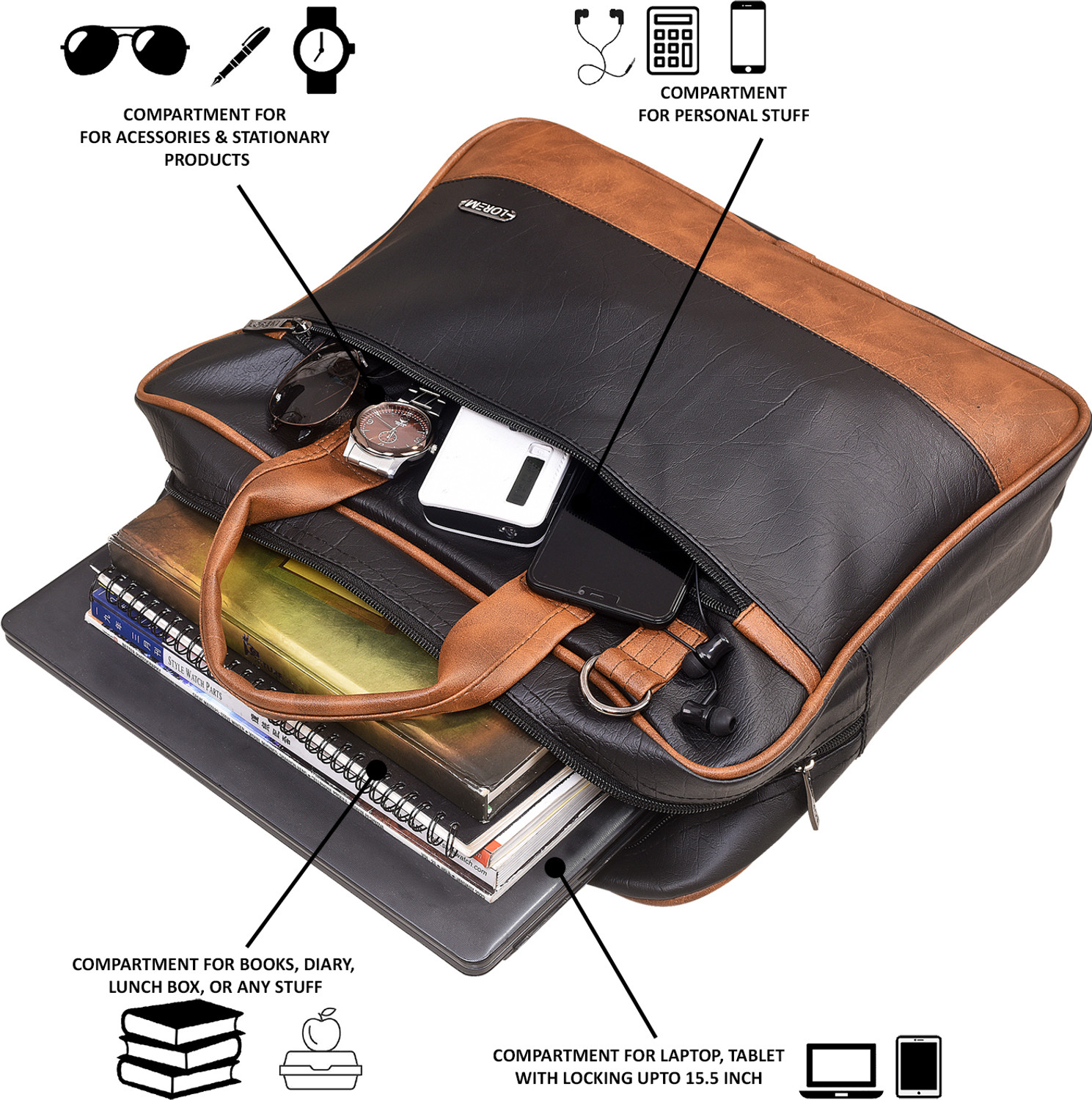 Image of AAURUBIS ENTERPRISE Black & Tan Color Faux Leather 10L Office Laptop Bag For Men & Women BG32 Waterproof Messenger Bag