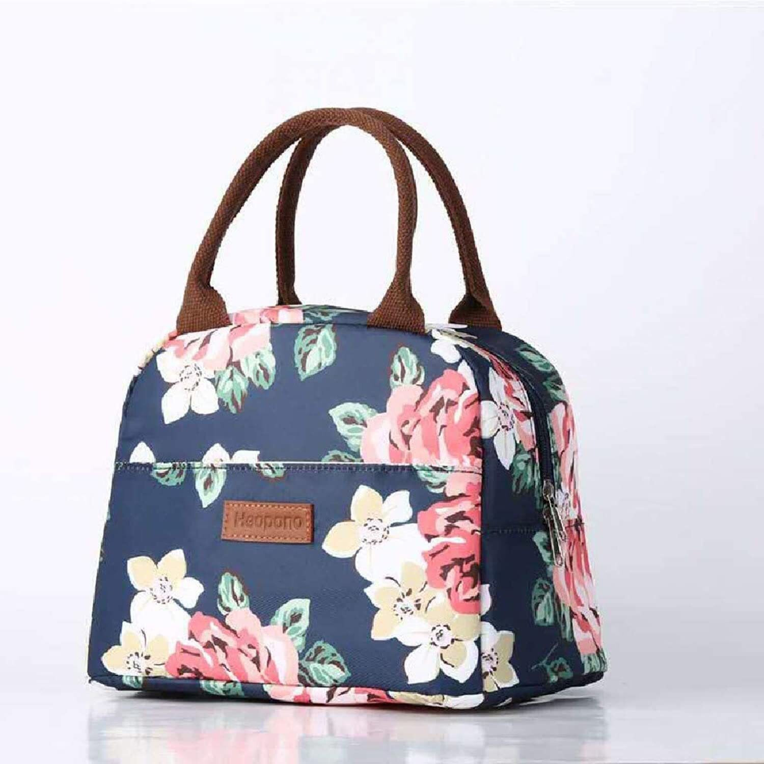 Image of HOUSE OF QUIRK Lunch Bag Tote Bag for Women Printed (Navy Rose Flower)-27.5x21.5x17CM Waterproof Lunch Bag (Blue, 5 L)