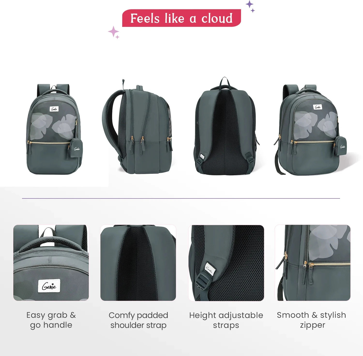 Image of Genie ESTHER Charcoal Black School Backpack for girls, 19 inch 40 Litres, 3 compartments Waterproof School Bag