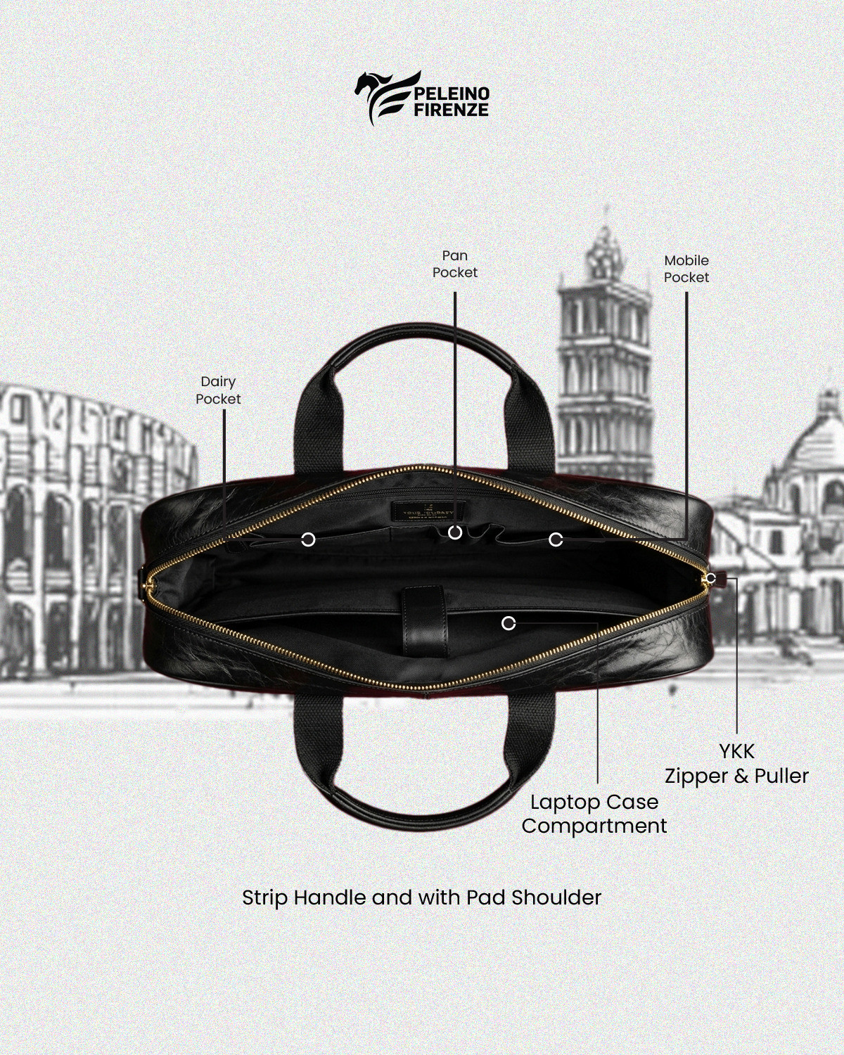 Image of Peleino Firenze Leather Laptop Bag with Shoulder Strap Multi-Compartment Business Briefcase Waterproof Messenger Bag