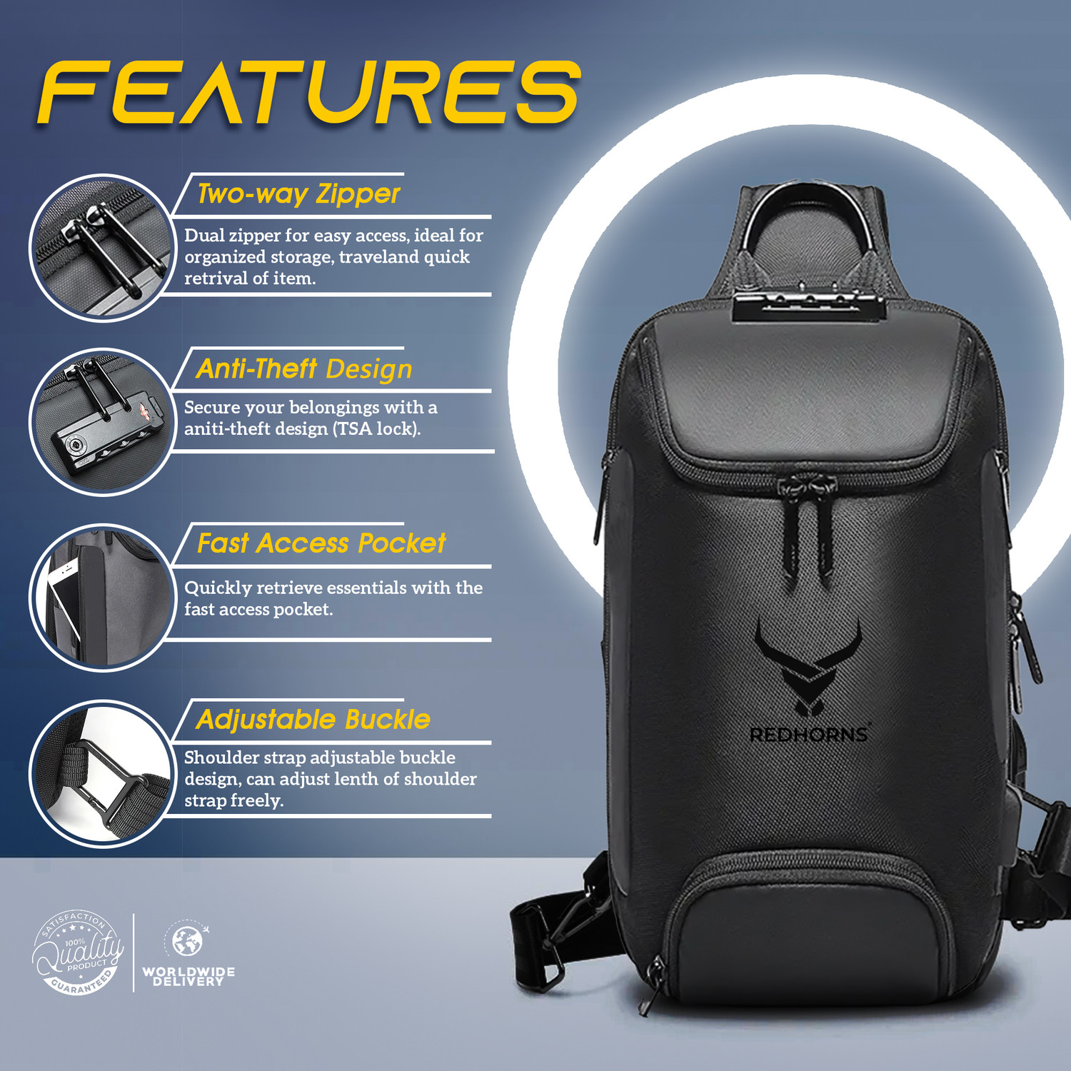 Image of REDHORNS Waterproof Crossbody Chest Bag for Men & Women with USB Charging Port Travel Waterproof Sling Bag