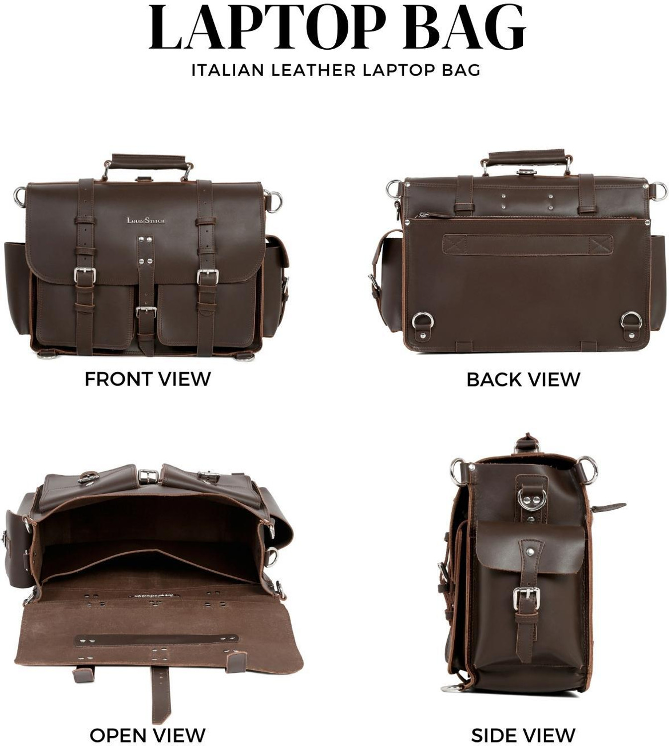 Image of LOUIS STITCH Men's Brown Italian Leather Laptop Briefcase Bag Messenger Bag