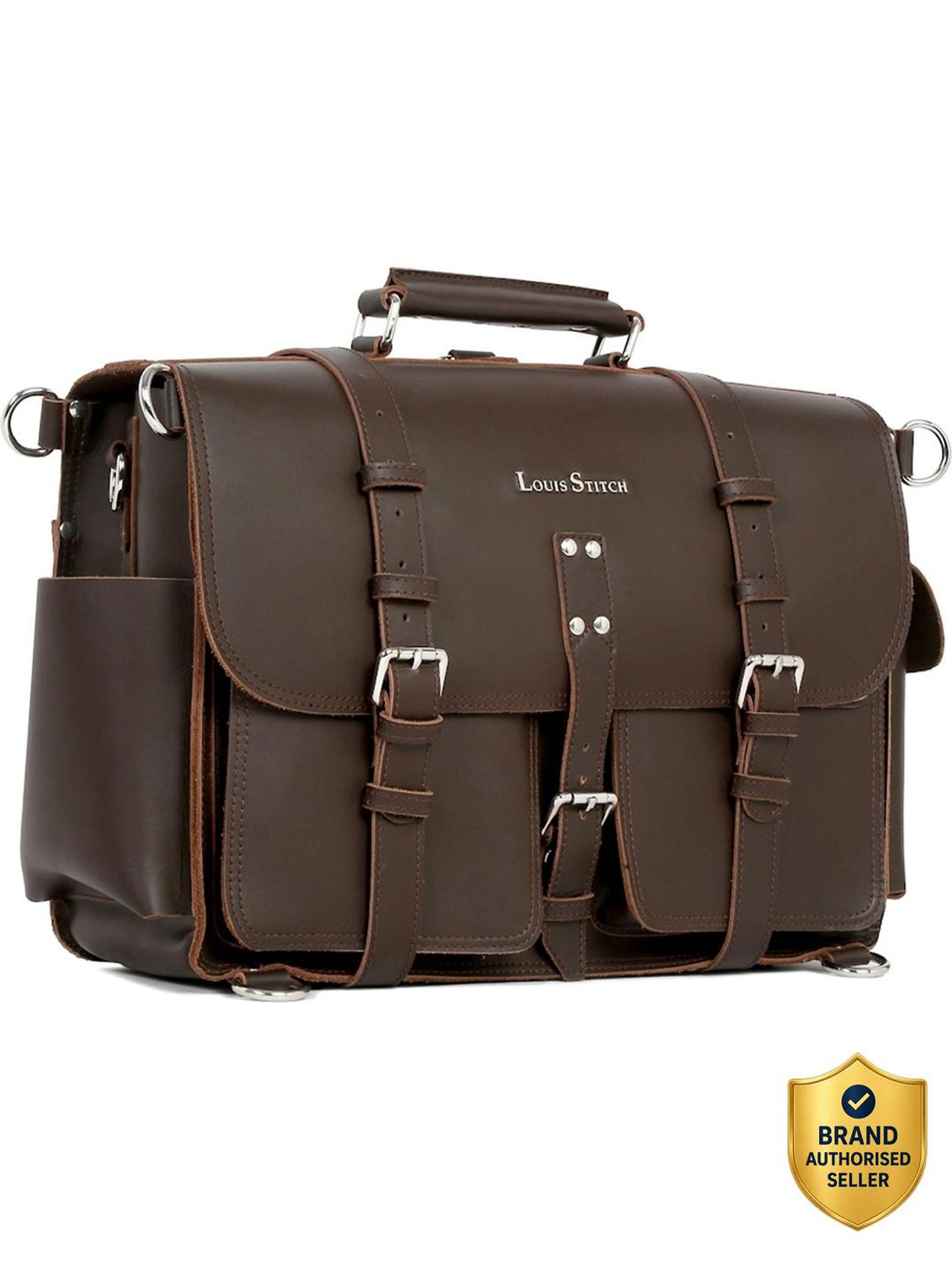 Image of LOUIS STITCH Men's Brown Italian Leather Laptop Briefcase Bag Messenger Bag