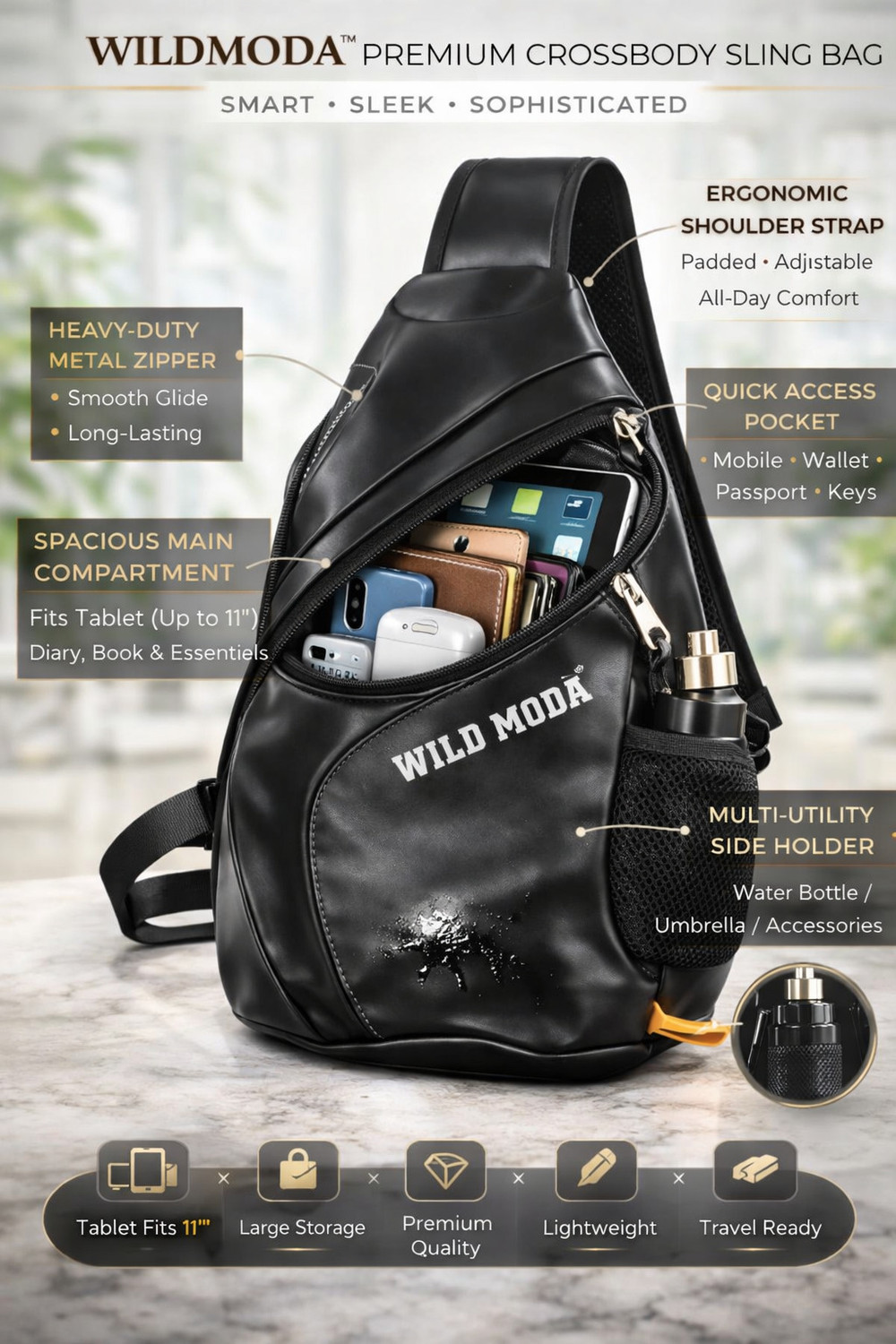 Image of Wildmoda Premium Faux Leather Cross Body Backpack for Travel, College, Tuition etc. Waterproof Backpack