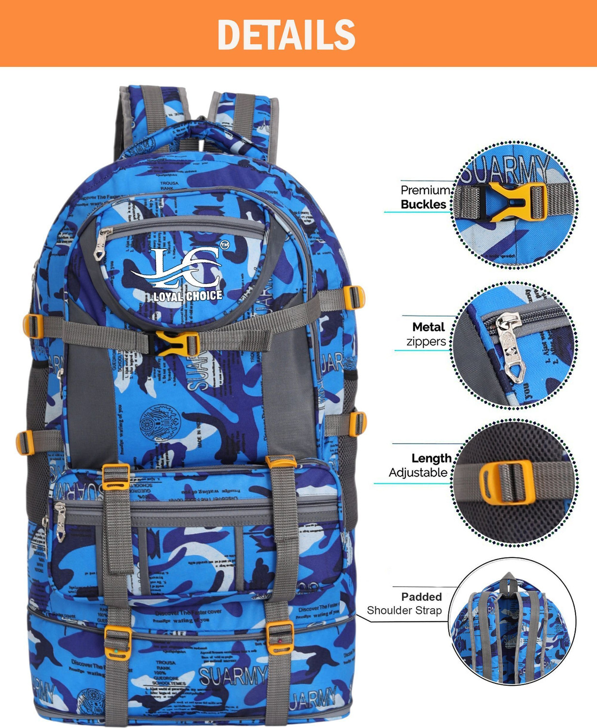 Image of LOYAL CHOICE Travel Backpack for Sport Camping Hiking Trekking Bag Rucksack - 60 L (Army). Waterproof Backpack