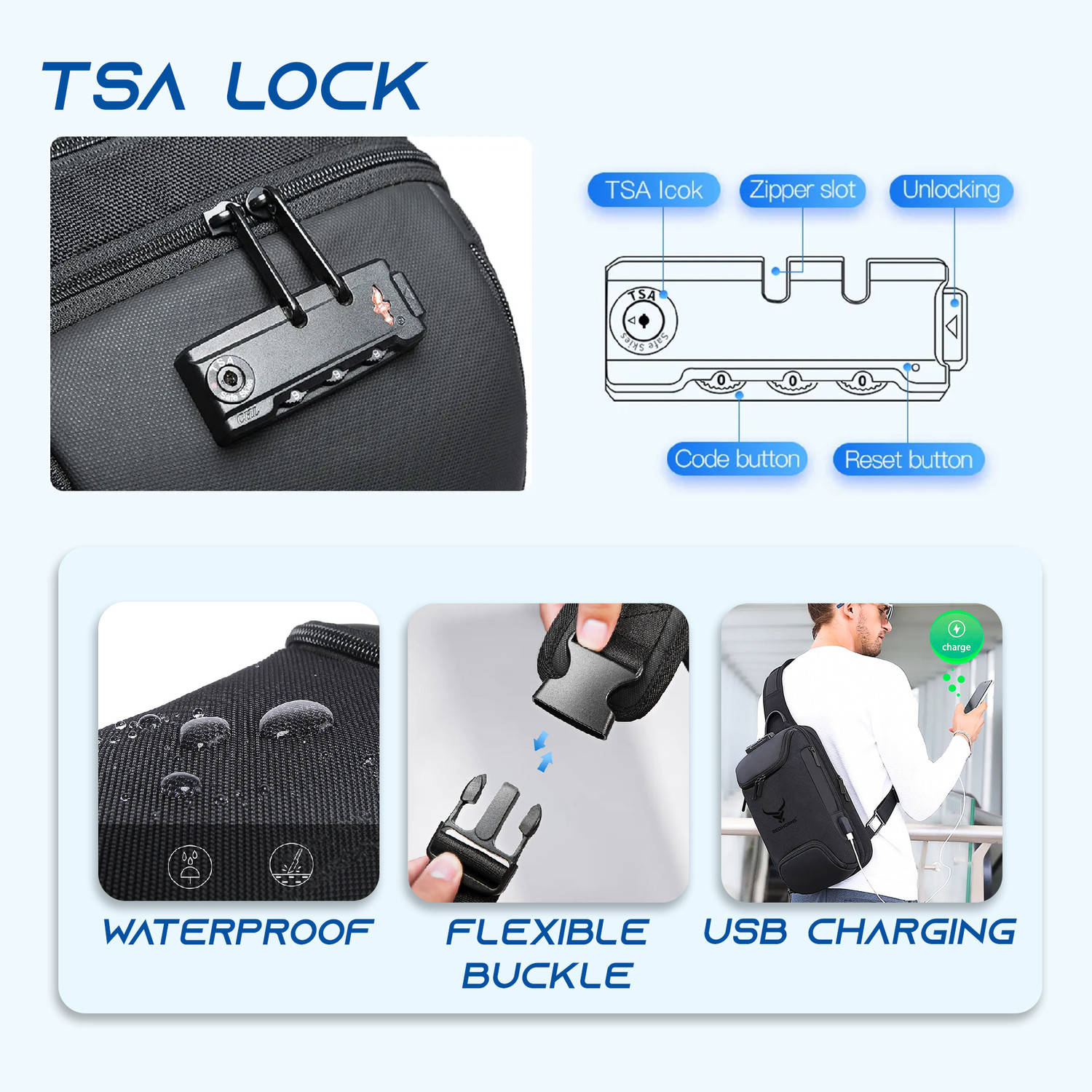 Image of REDHORNS Waterproof Crossbody Chest Bag for Men & Women with USB Charging Port Travel Waterproof Sling Bag