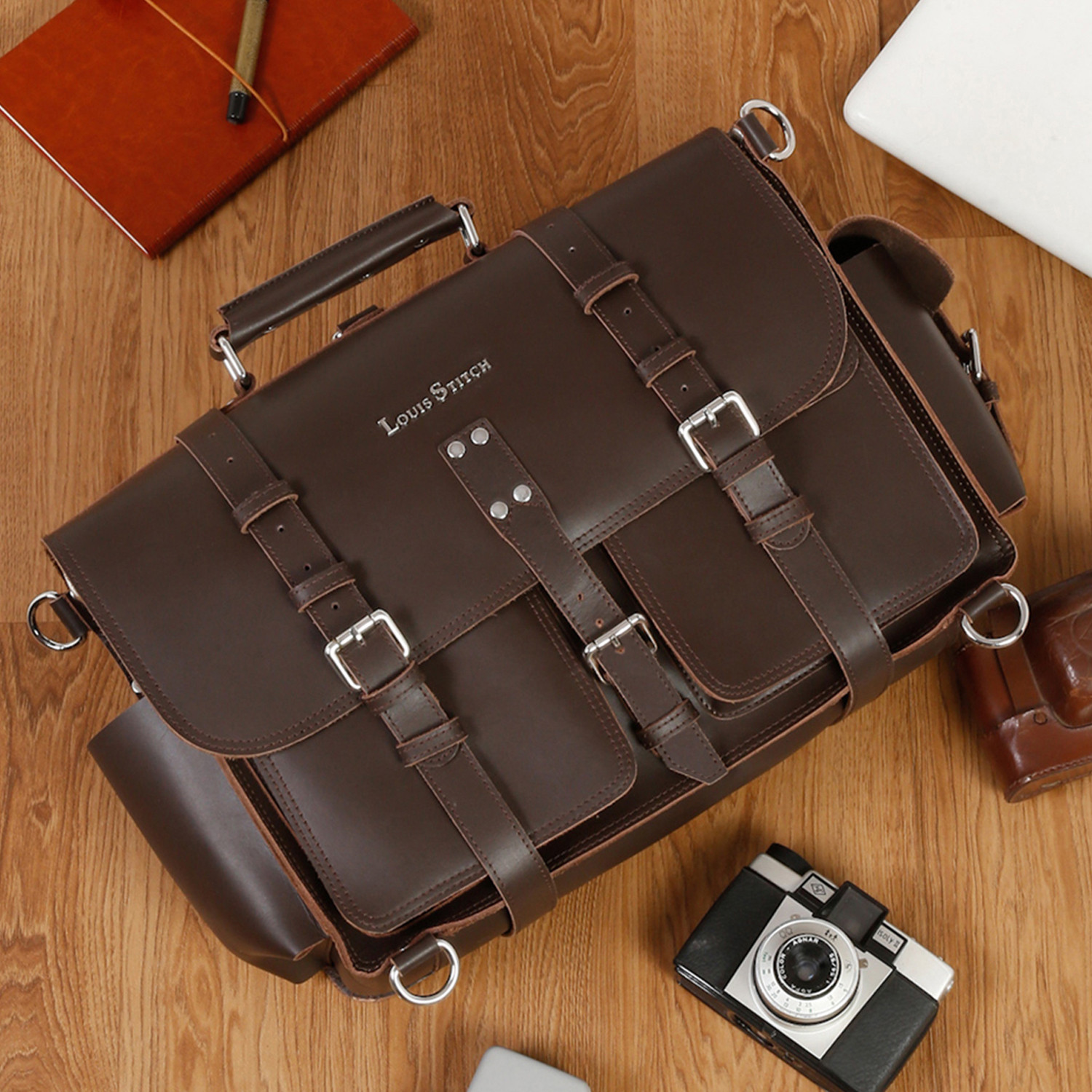 Image of LOUIS STITCH Men's Brown Italian Leather Laptop Briefcase Bag Messenger Bag