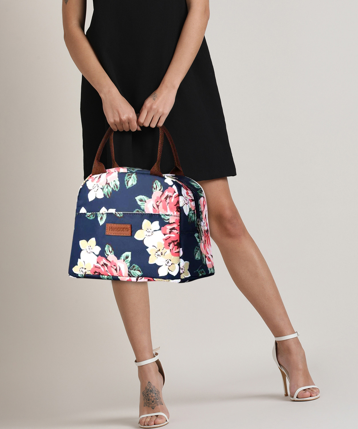 Image of HOUSE OF QUIRK Lunch Bag Tote Bag for Women Printed (Navy Rose Flower)-27.5x21.5x17CM Waterproof Lunch Bag (Blue, 5 L)