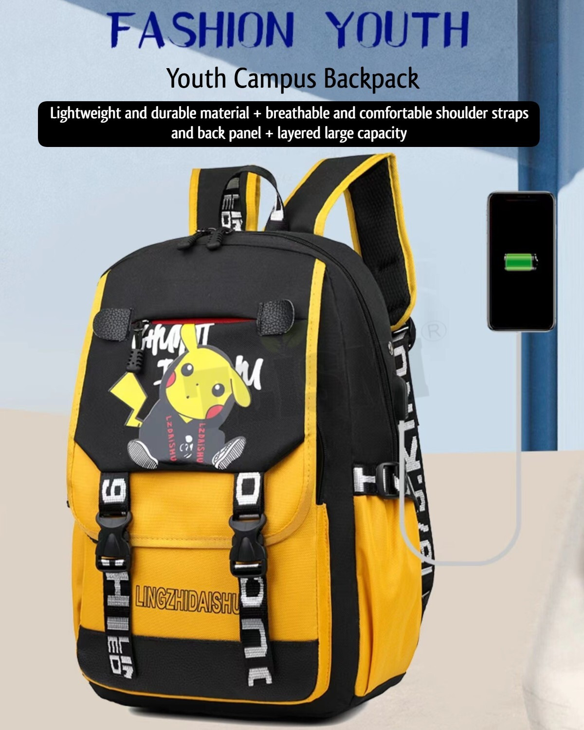 Image of Tlismi Cute Anime Cartoon Print School Bag with USB for Boys & Girls Waterproof Shoulder Bag