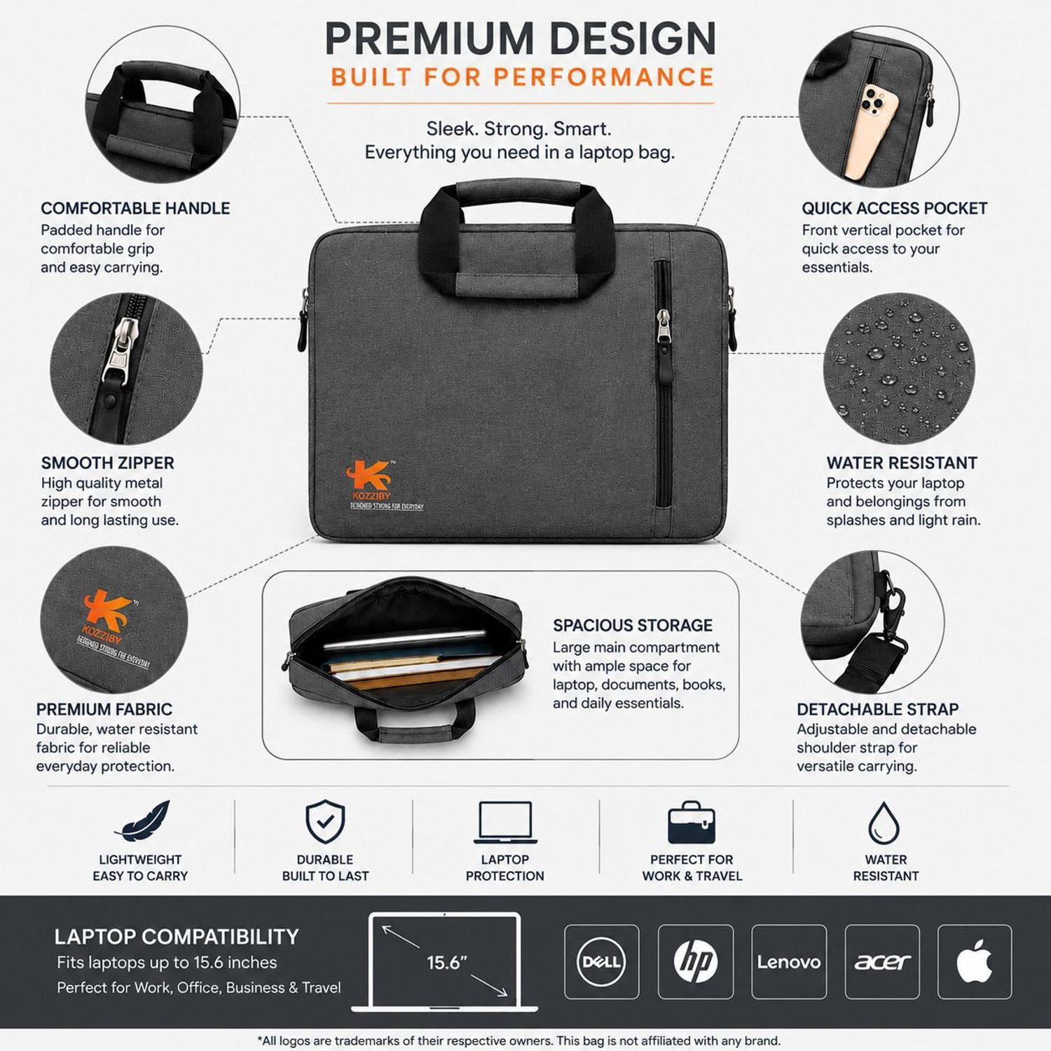 Image of KOZZIBY Office Laptop Carry Case Professional Grey Laptop Bag
