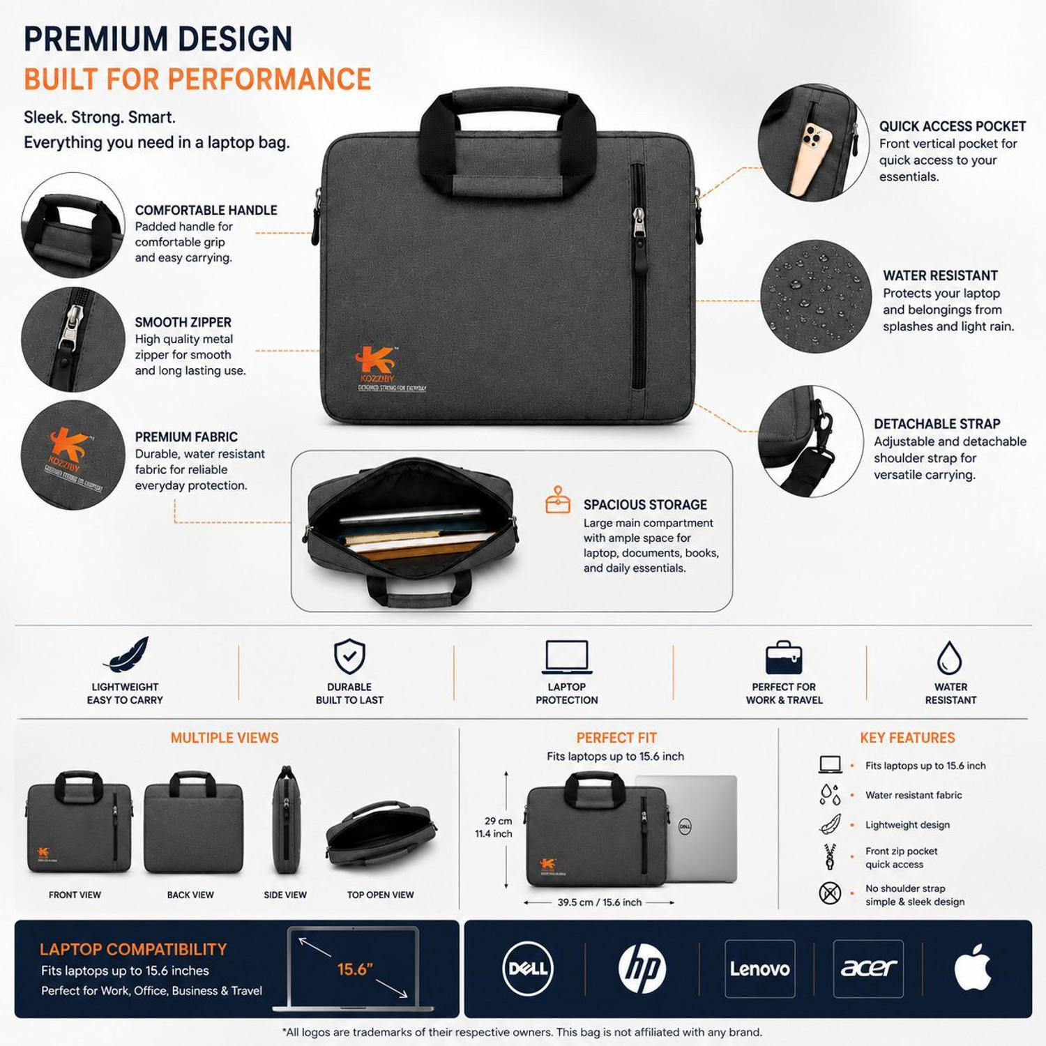 Image of KOZZIBY Office Laptop Carry Case Professional Grey Laptop Bag