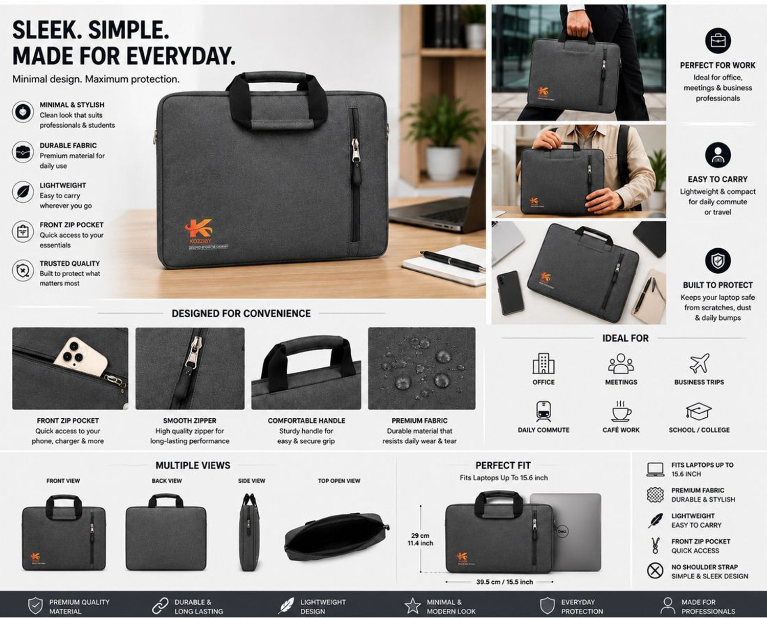 Image of KOZZIBY Office Laptop Carry Case Professional Grey Laptop Bag