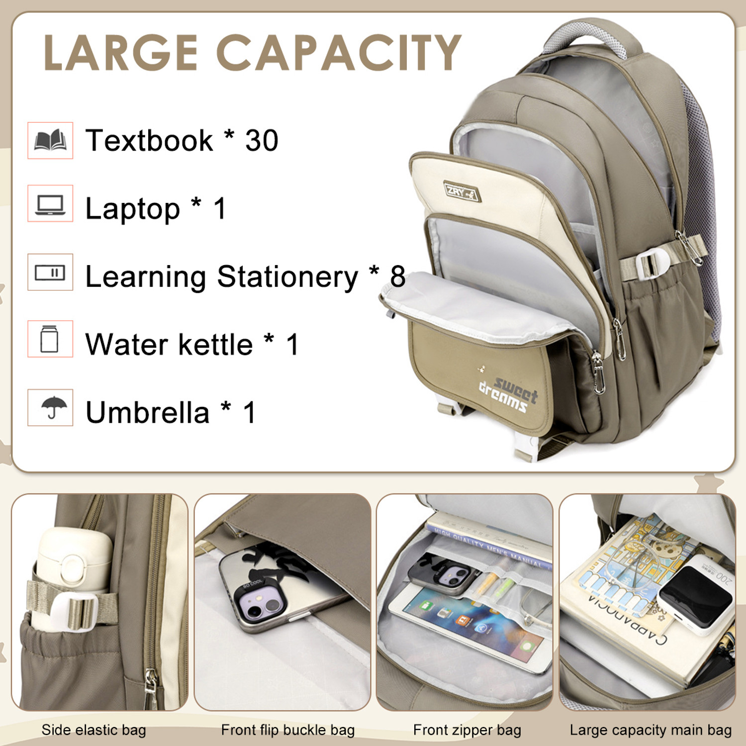 Image of gustave School Backpack Cute Cartoon Travel Bag Khaki for Girls Laptop Bag