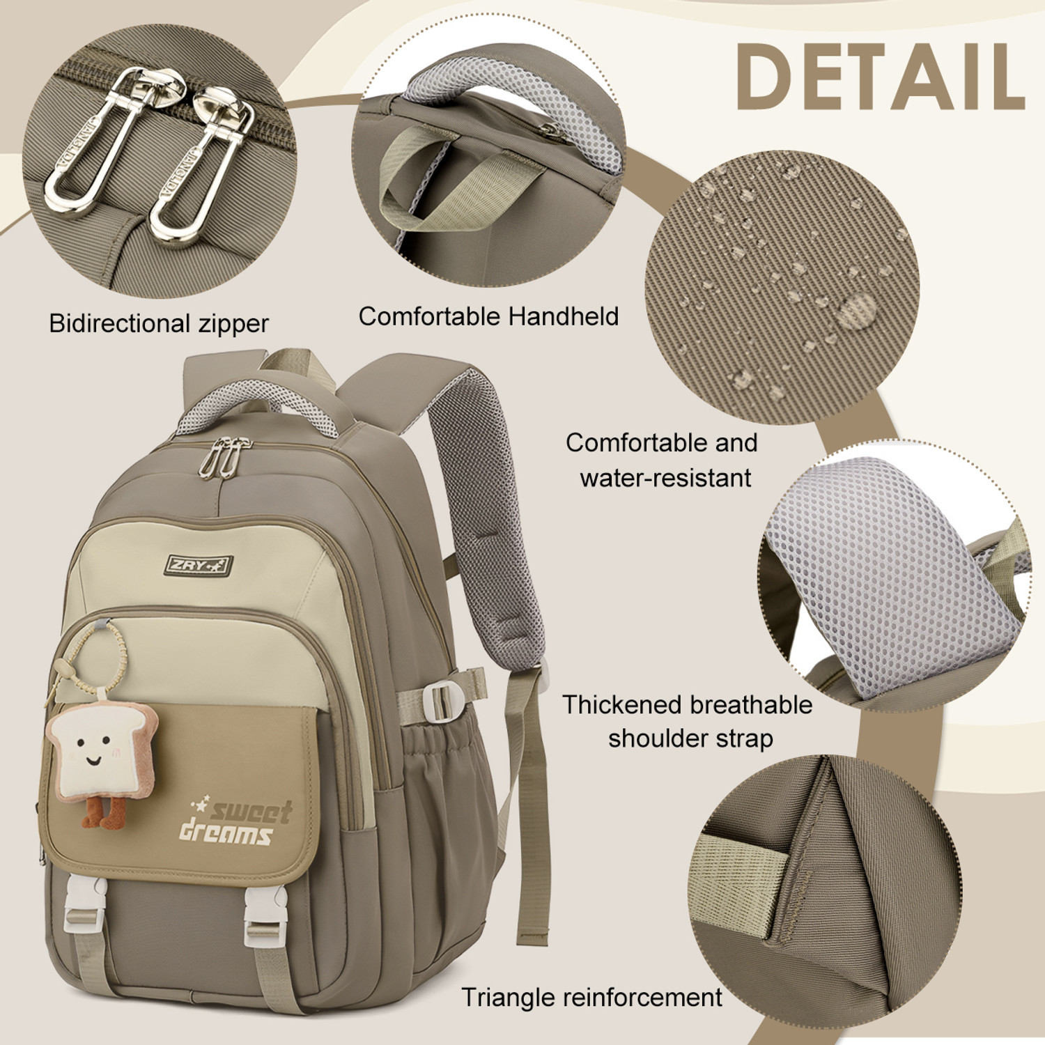 Image of gustave School Backpack Cute Cartoon Travel Bag Khaki for Girls Laptop Bag