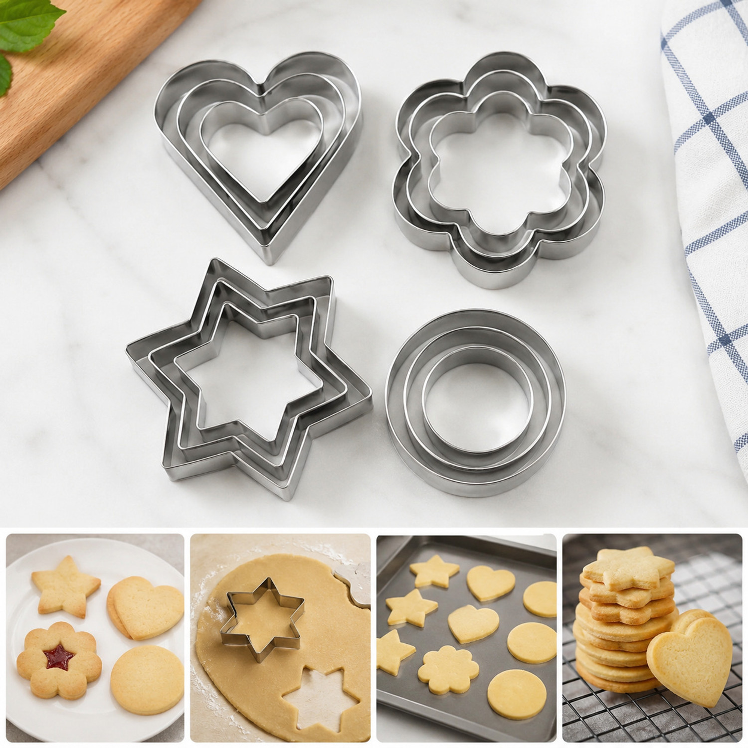 Image of tvAt Cookie Cutters Shapes Baking Set: 12PCS Flower, Round, Heart, Star Shape Biscuit Baking Stainless Steel Metal Molds | Shape Cutters for Kitchen, Baking, Halloween & Christmas Small Size Cookie Cutters Cookie Cutter