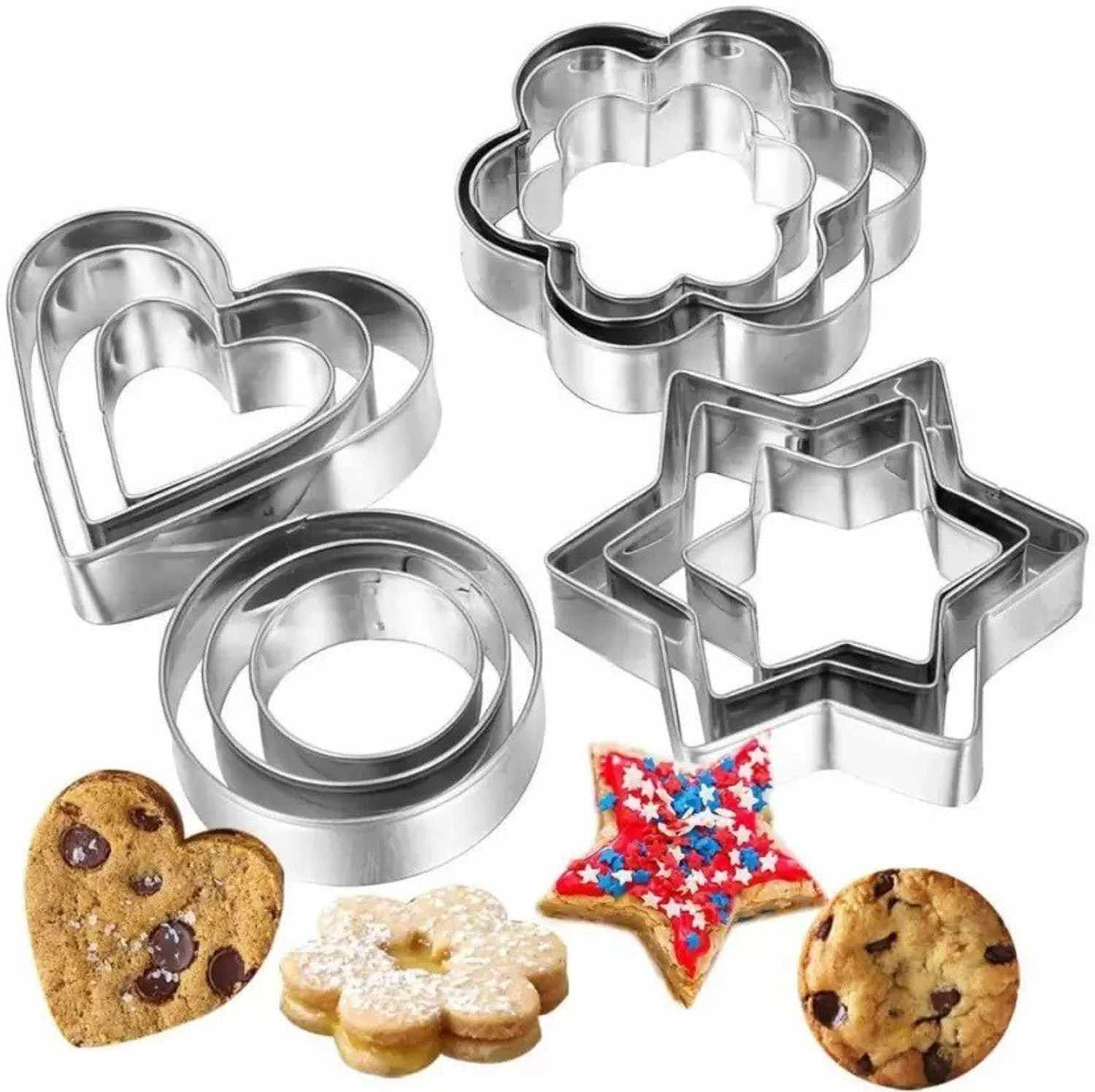 Image of tvAt Cookie Cutters Shapes Baking Set: 12PCS Flower, Round, Heart, Star Shape Biscuit Baking Stainless Steel Metal Molds | Shape Cutters for Kitchen, Baking, Halloween & Christmas Small Size Cookie Cutters Cookie Cutter