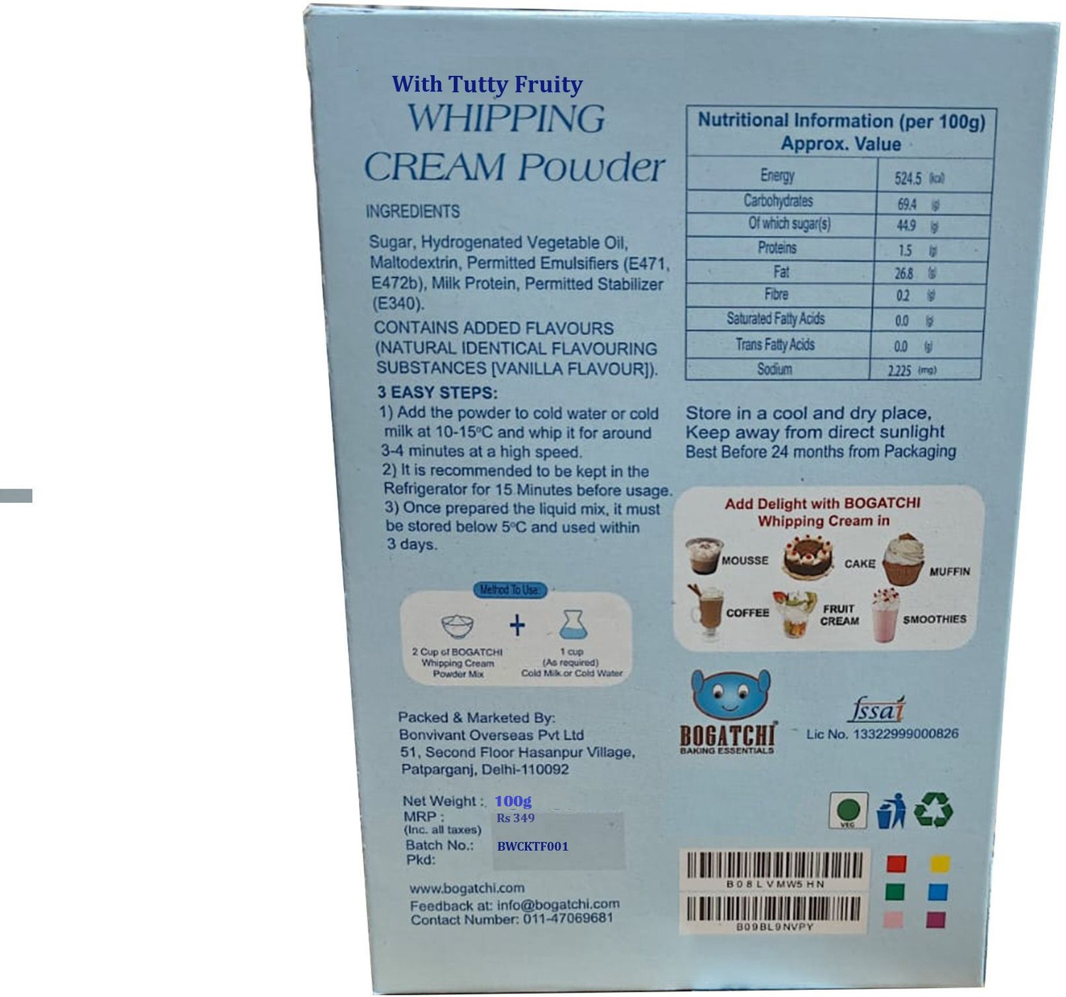 Image of BOGATCHI Soft & Tasty Whipping Cream Powder for Cake with Free Tutti Frutti Icing