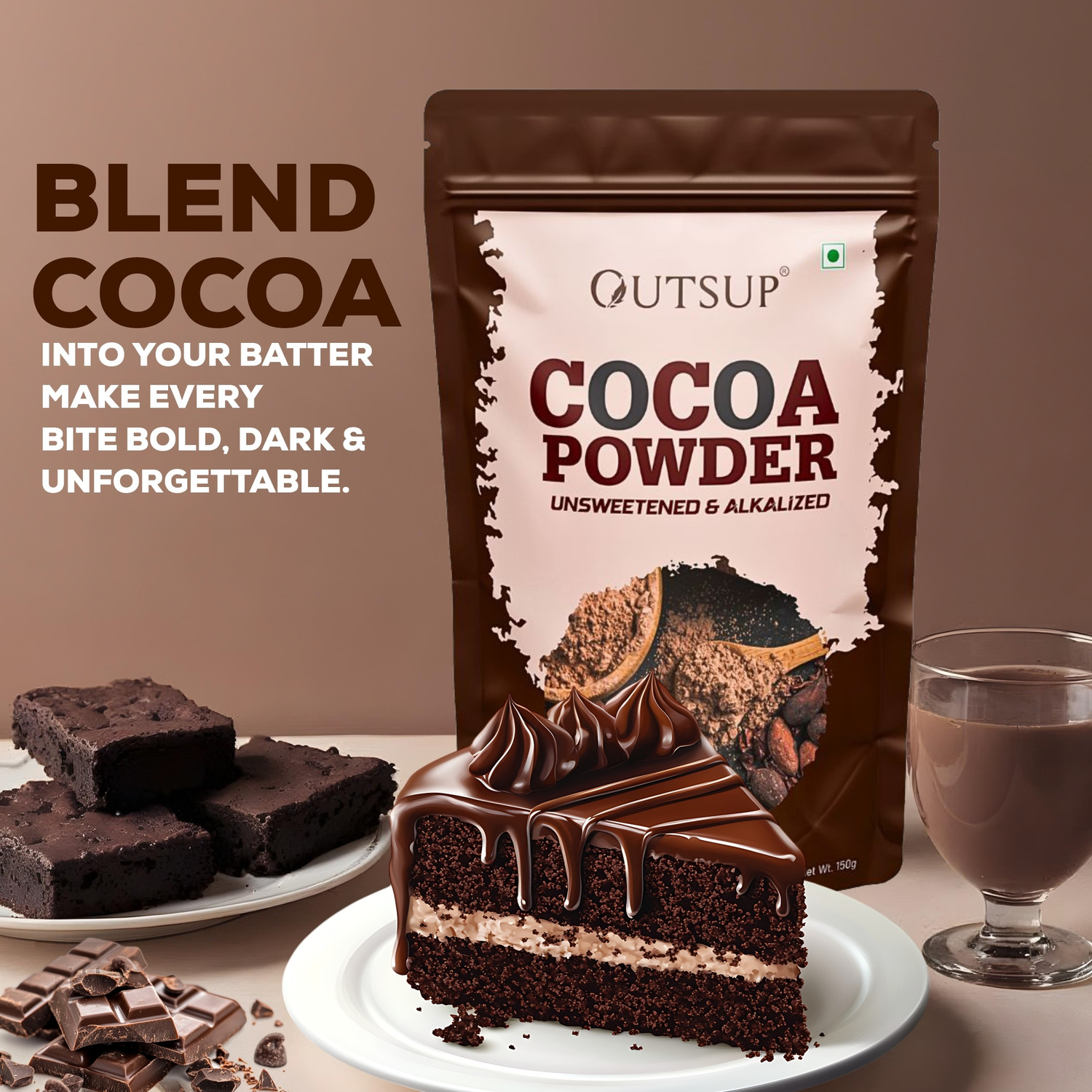 Image of OUTSUP Cocoa Powder Unsweetened & Alkalized | 21.5g Protein, Plant Based Cocoa Powder Cocoa Powder