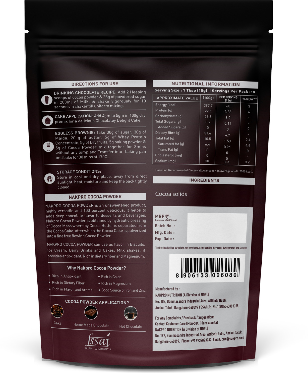 Image of Nakpro Cocoa Powder Unsweetened & Alkalized |22.5g Protein,397.7g Energy (150g X2) Cocoa Powder