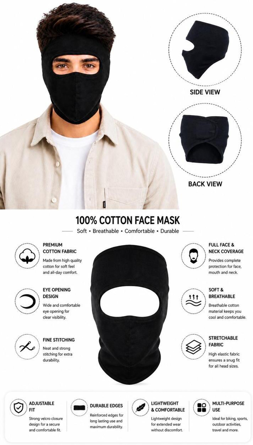 Image of ZENLINK Black Bike Face Mask for Men & Women (Size: Free, Balaclava)