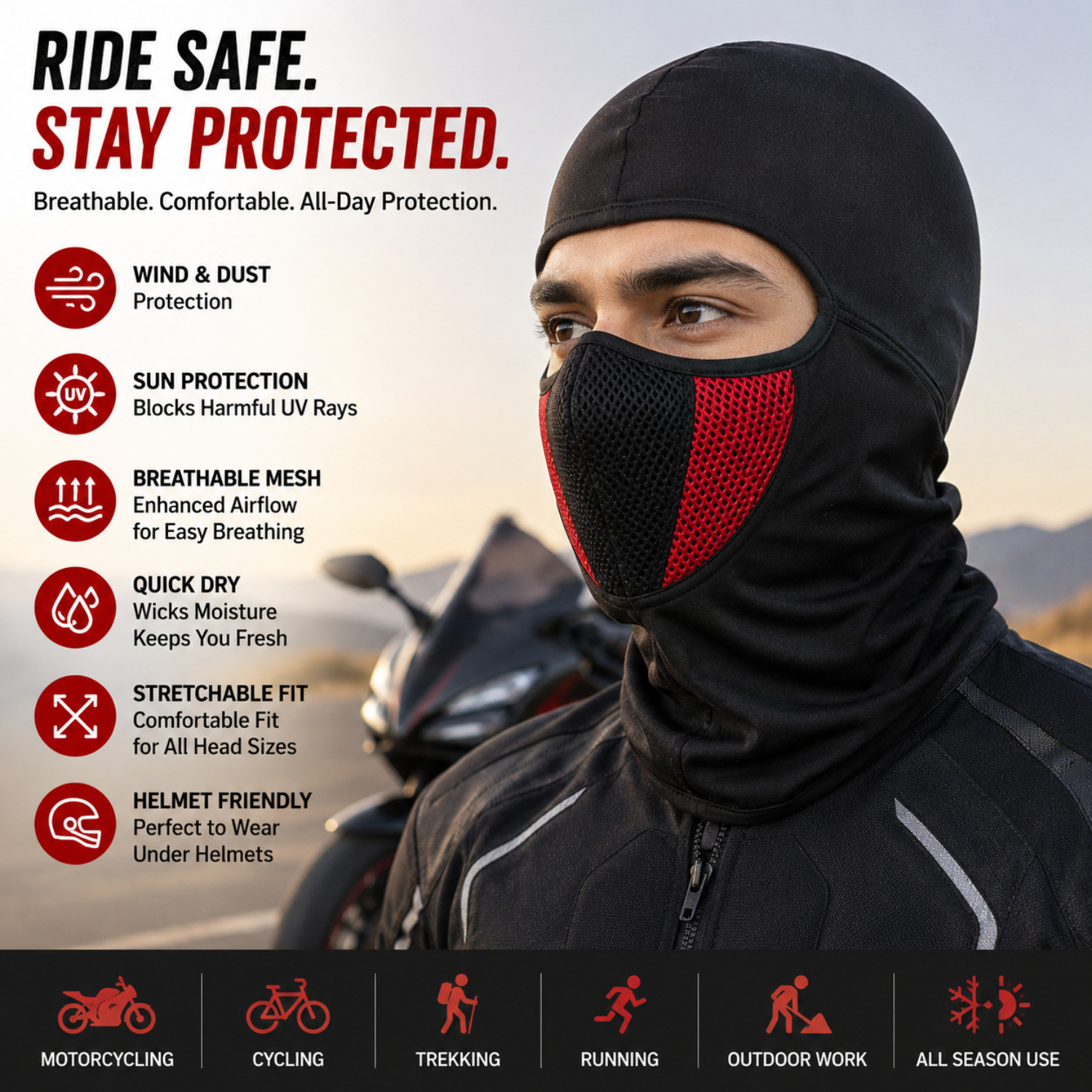 Image of Rhtdm Black, Red Helmet Skull Cap for Men & Women