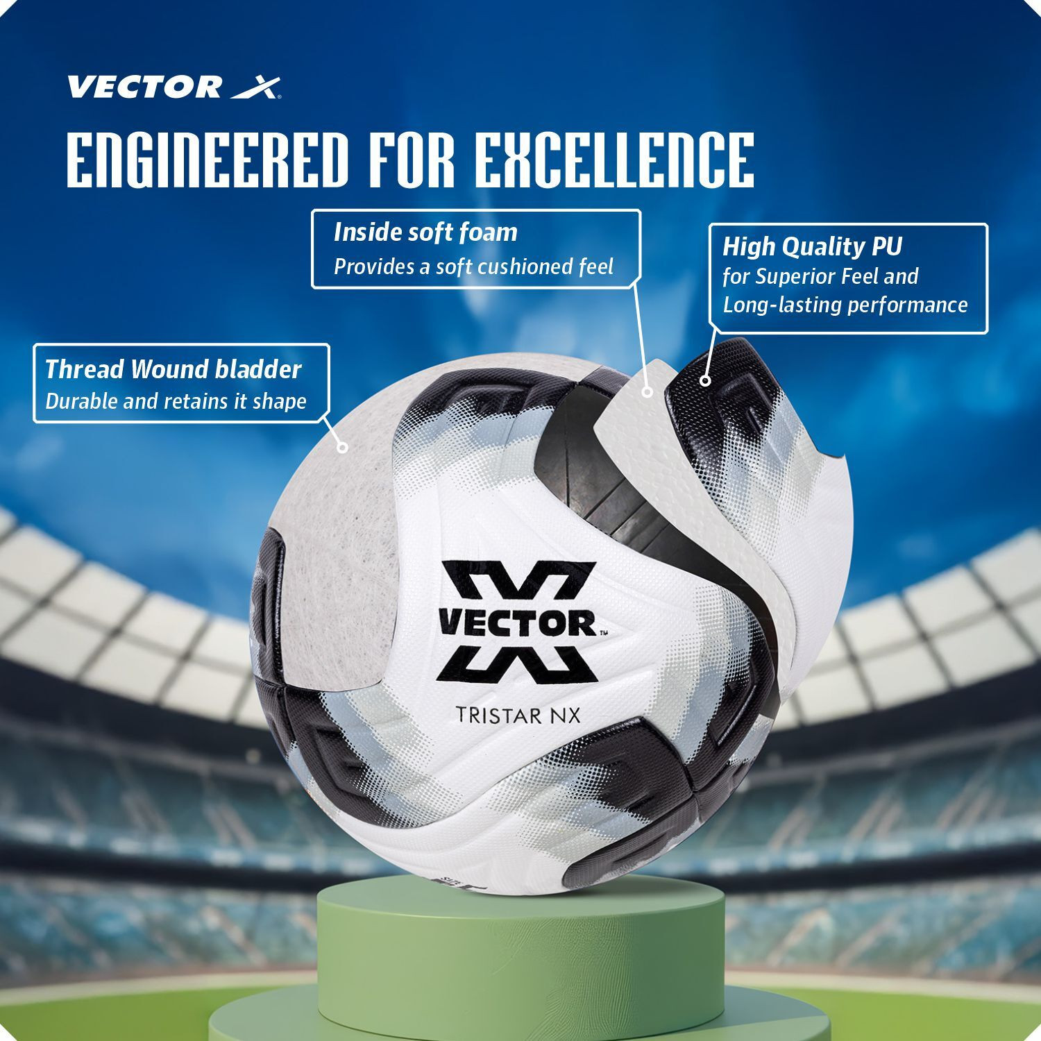 Image of VECTOR X Tristar NX PU Thermo Bonded Soccer Ball+Needle training & match professional Football - Size: 5