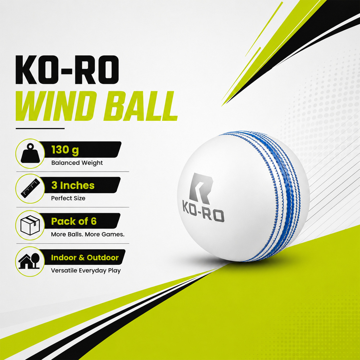 Image of KORO I-20 Plus Practice Cricket Wind Balls Indoor & Outdoor Street & Beach Cricket Cricket Synthetic Ball (Standard, Pack of 6, White)