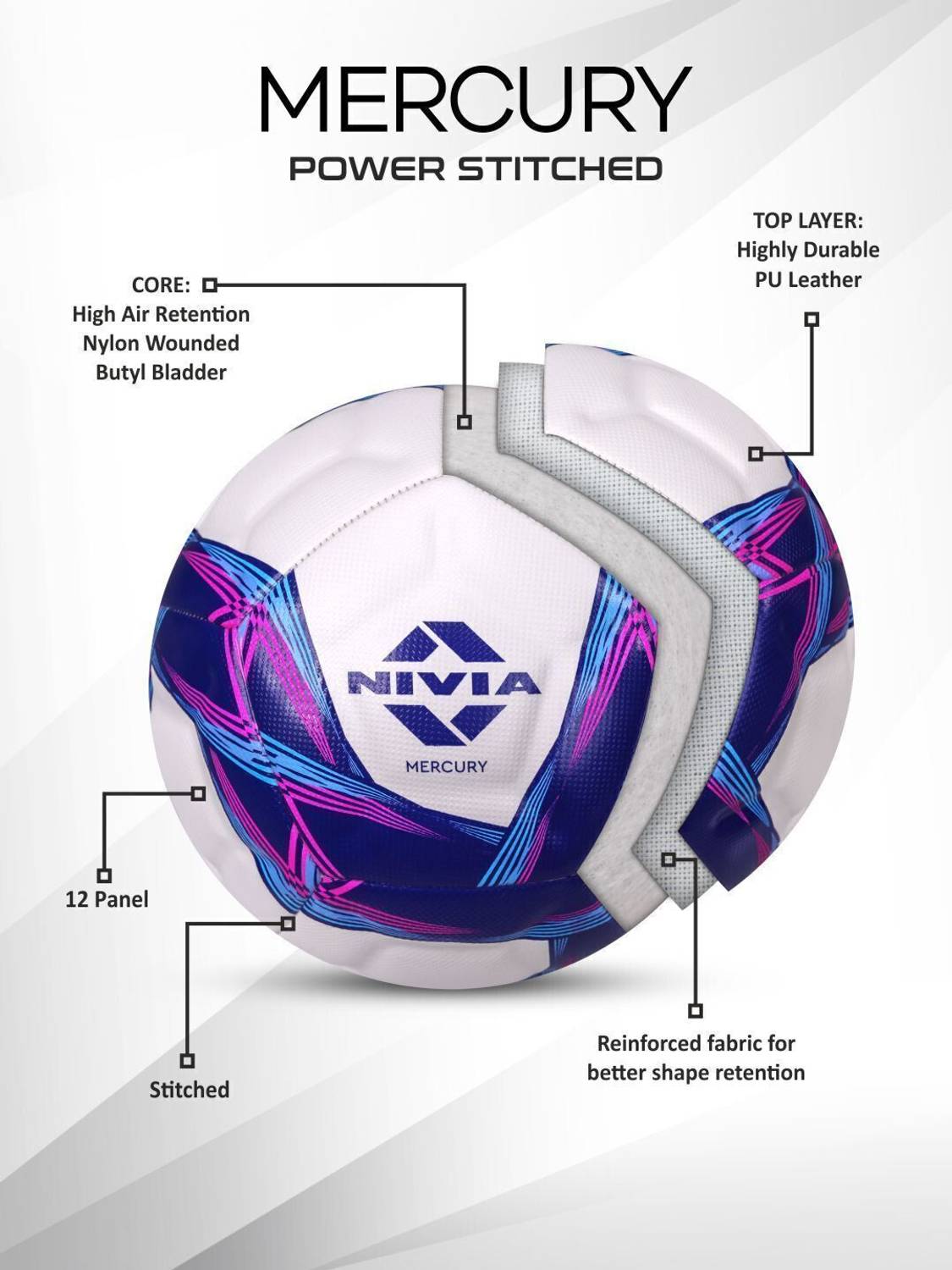 NIVIA Mercury 12 Panel PU Leather Soccer Ball - Size 5 - Image 3