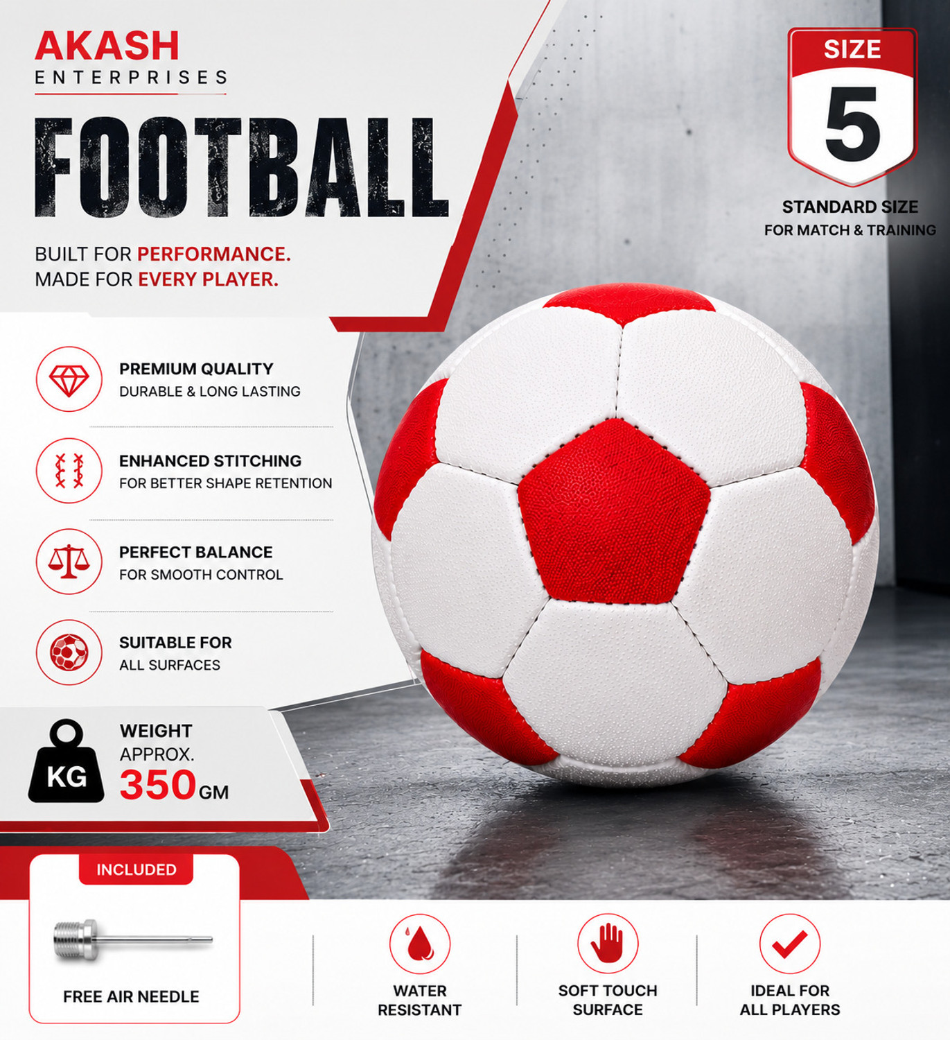 Image of Akash Enterprises 5 RED & WHITE 78 Football - Size: 5