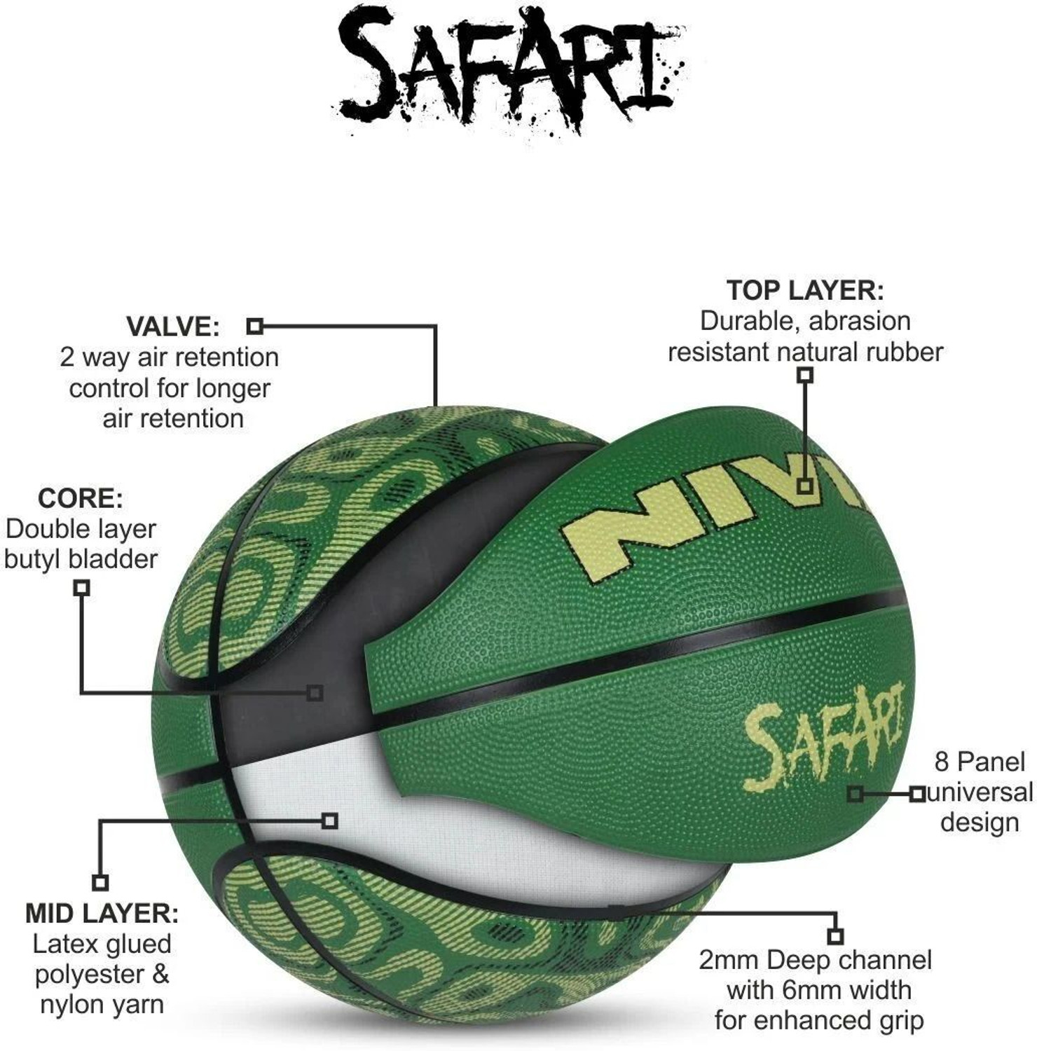 Image of NIVIA Safari, 8 Panels, Rubber Moulded, Made for Beginners, Ideal for all surfaces Basketball - Size: 3 (Kids, Pack of 1, Green)