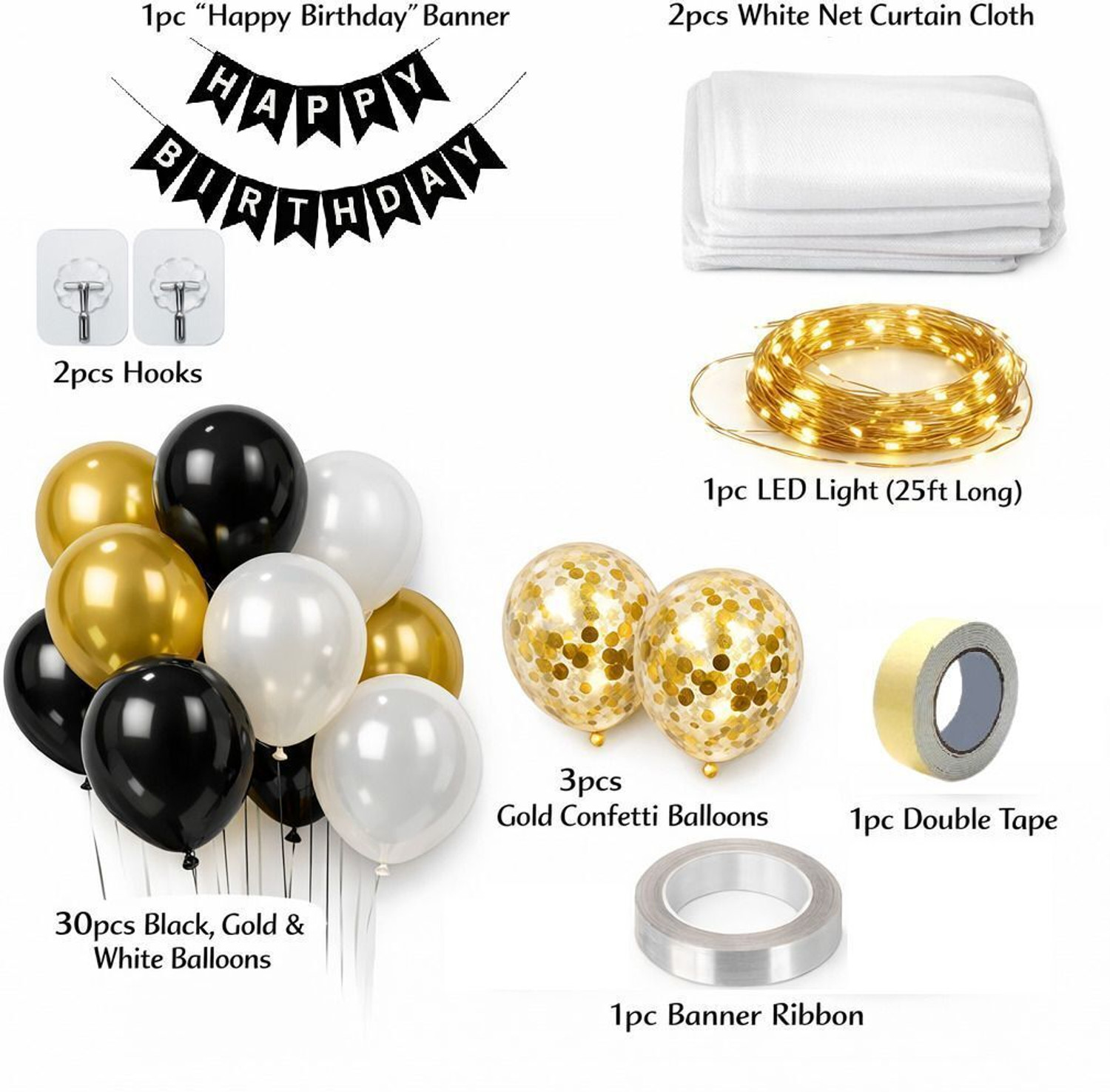 Image of Balloon and you Solid Gold, Black & Silver Birthday Decoration Kit with White Net & LED Lights Balloon