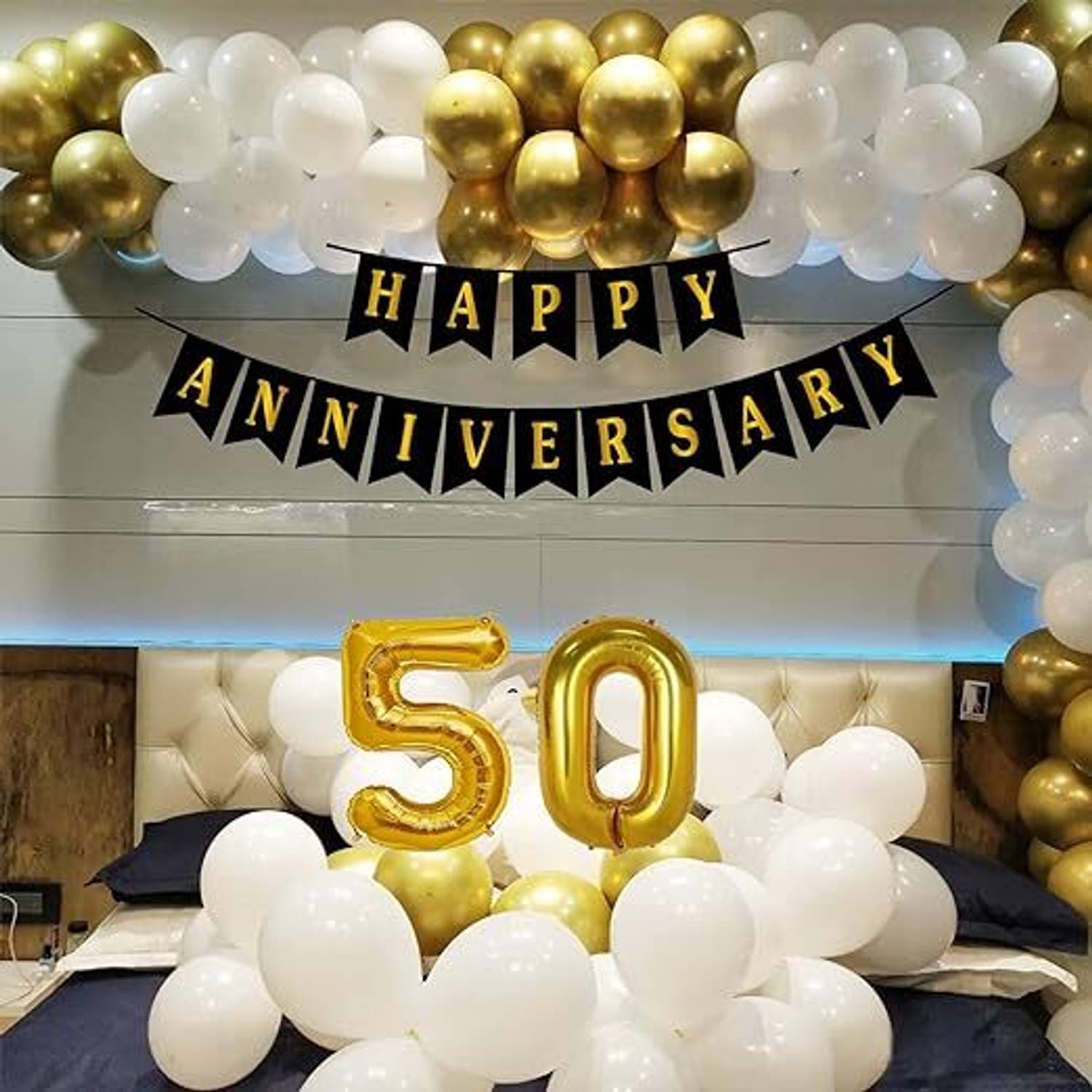 AAKRISH Solid 50th Anniversary Combo-20 white ,20 Golden Balloons,5 0 Number Foil Balloon
