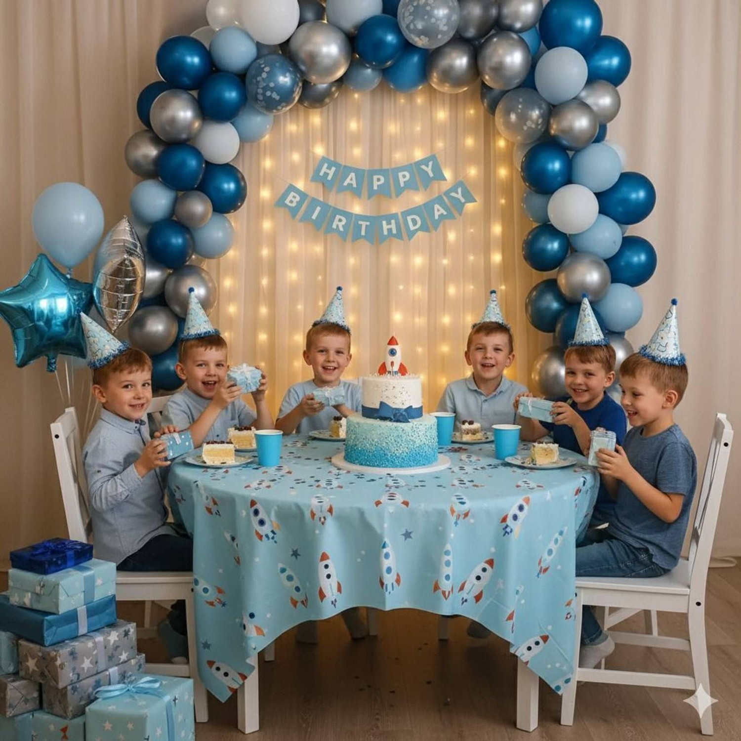 Image of Balloon and you Solid Happy Birthday Decoration Combo Kit with White Net Curtain, LED Fairy Lights & Balloon