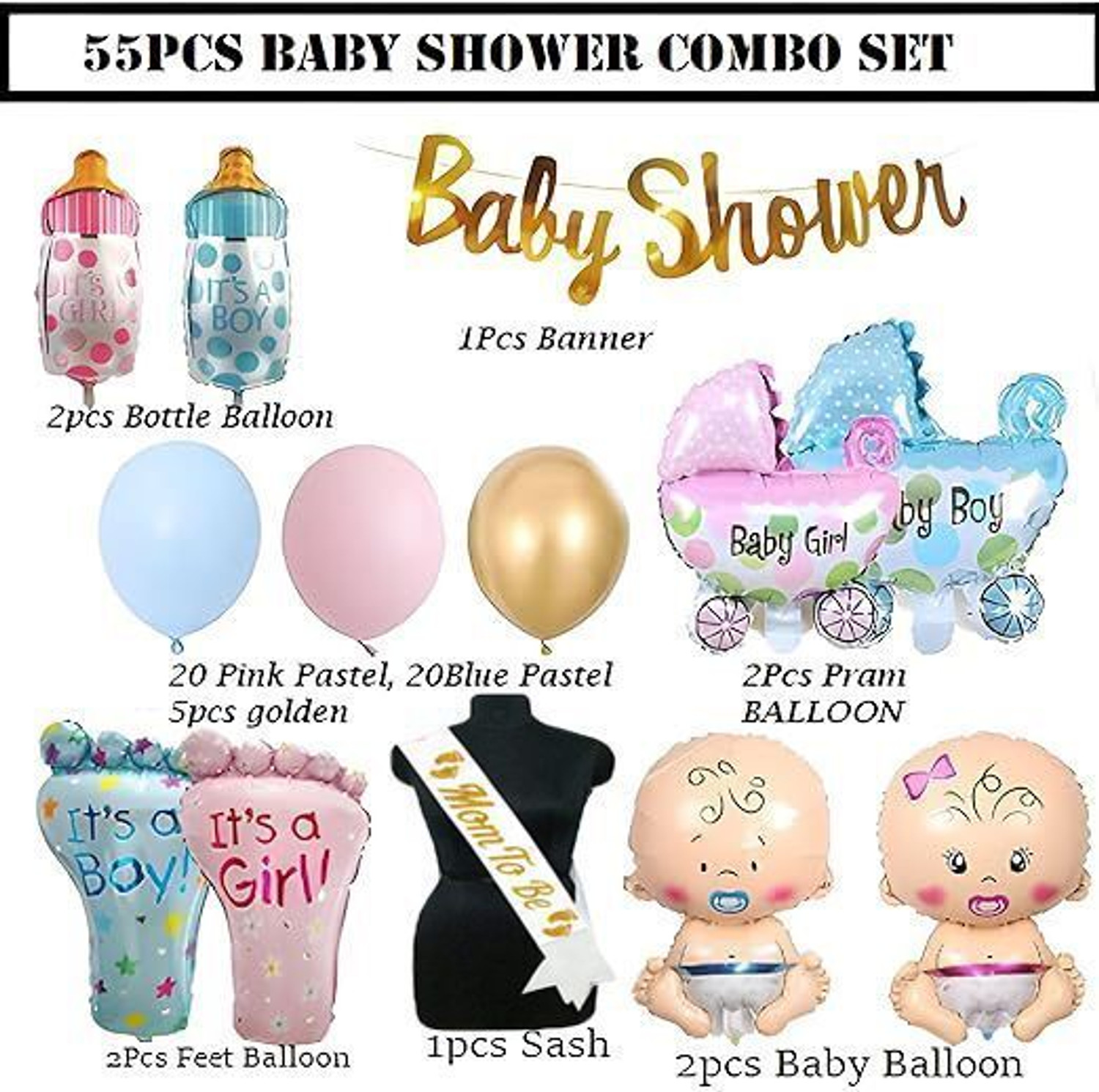 Image of PARTY MIDLINKERZ Solid Baby Shower Decoration, Mom To Be Decoration Items Set, Baby Shower Balloons Balloon