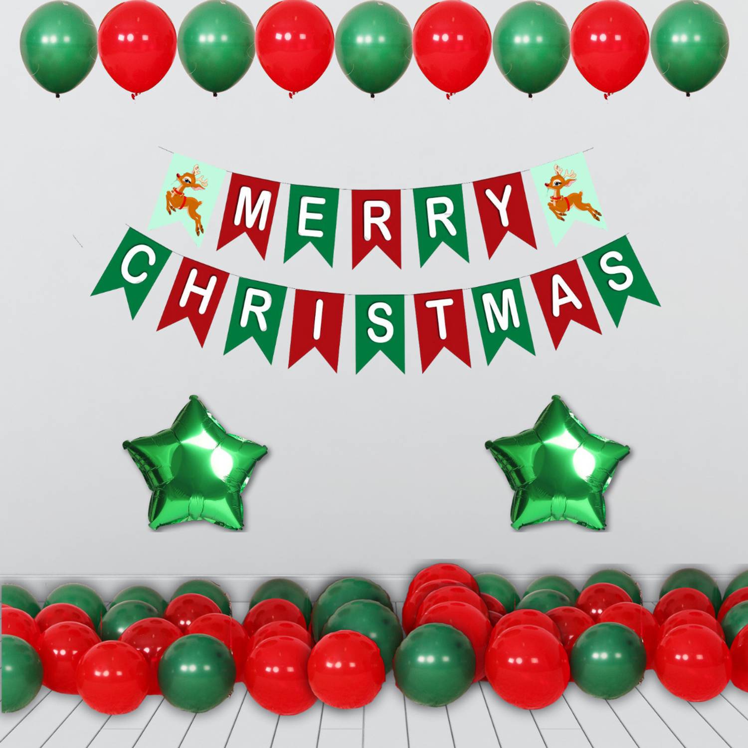 1iAM Solid Christmas Party Decoration Kit for Home| X-Mas Decor with Red and Green Metallic Balloon