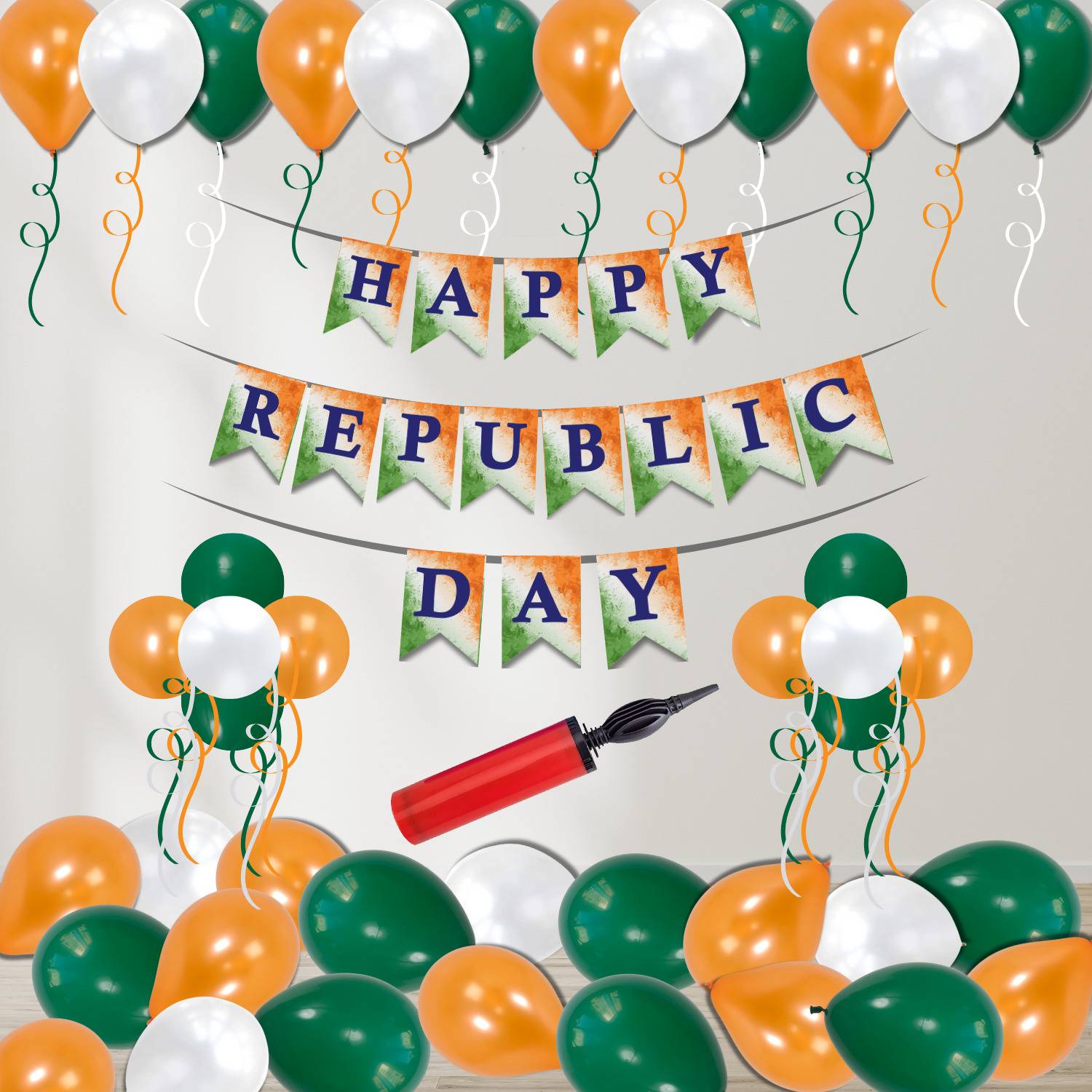 1iAM Printed Republic Day Decoration Combo- Paper Banner, Pump, Large Ribbon and 150 Metallic Balloon