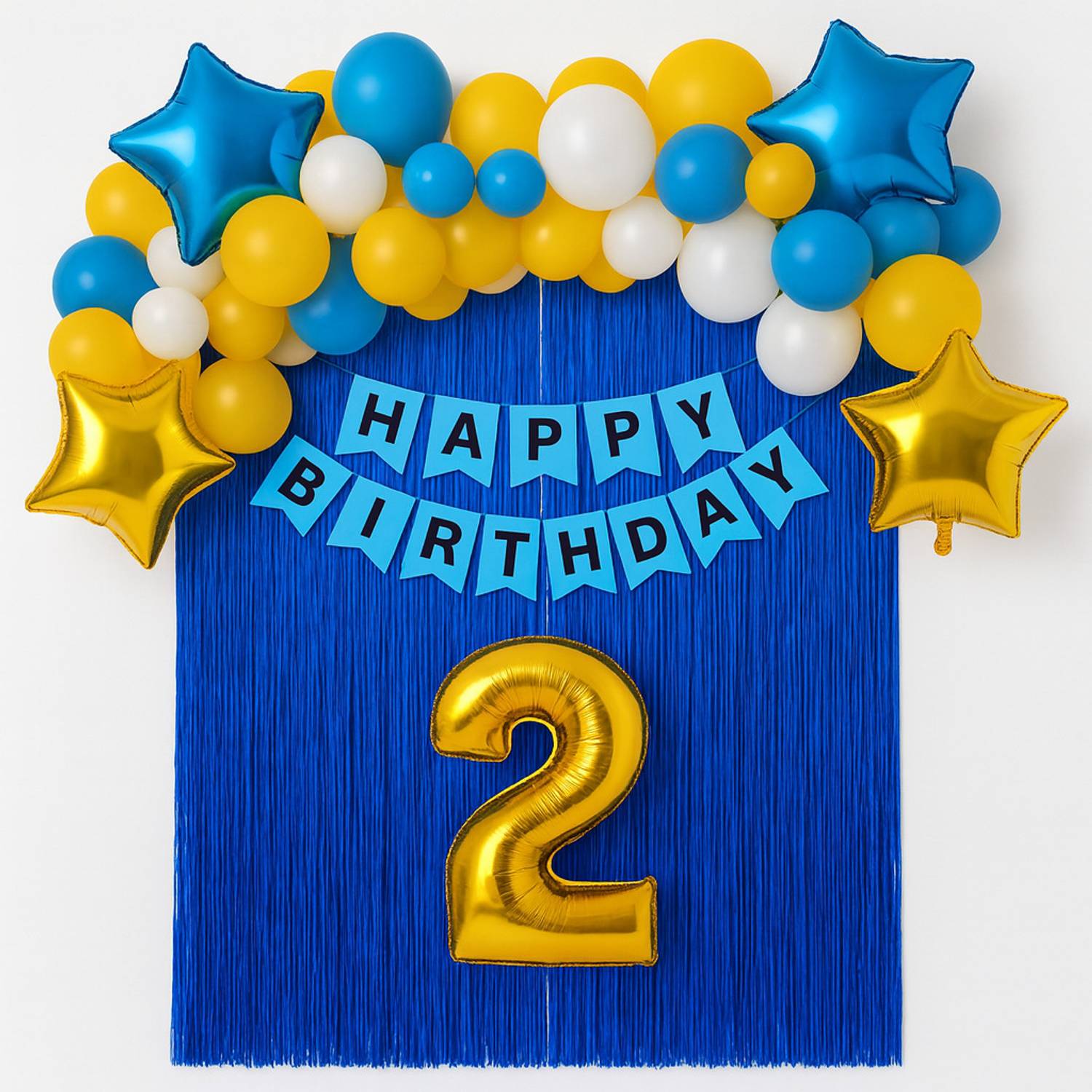BALAJI BLESSINGS EVENTS Solid 2nd Birthday Decoration Combo – Balloon Arch, Banner, Curtain & Number foil Balloon